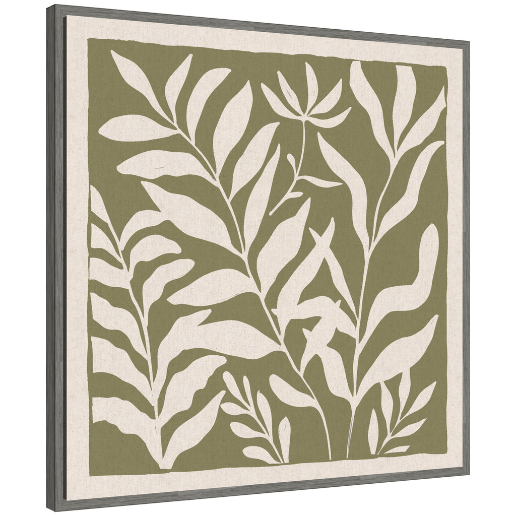Sylvie Modern Minimalist Botanical Green and Neutral Linen Framed Canvas by The Creative Bunch Studio