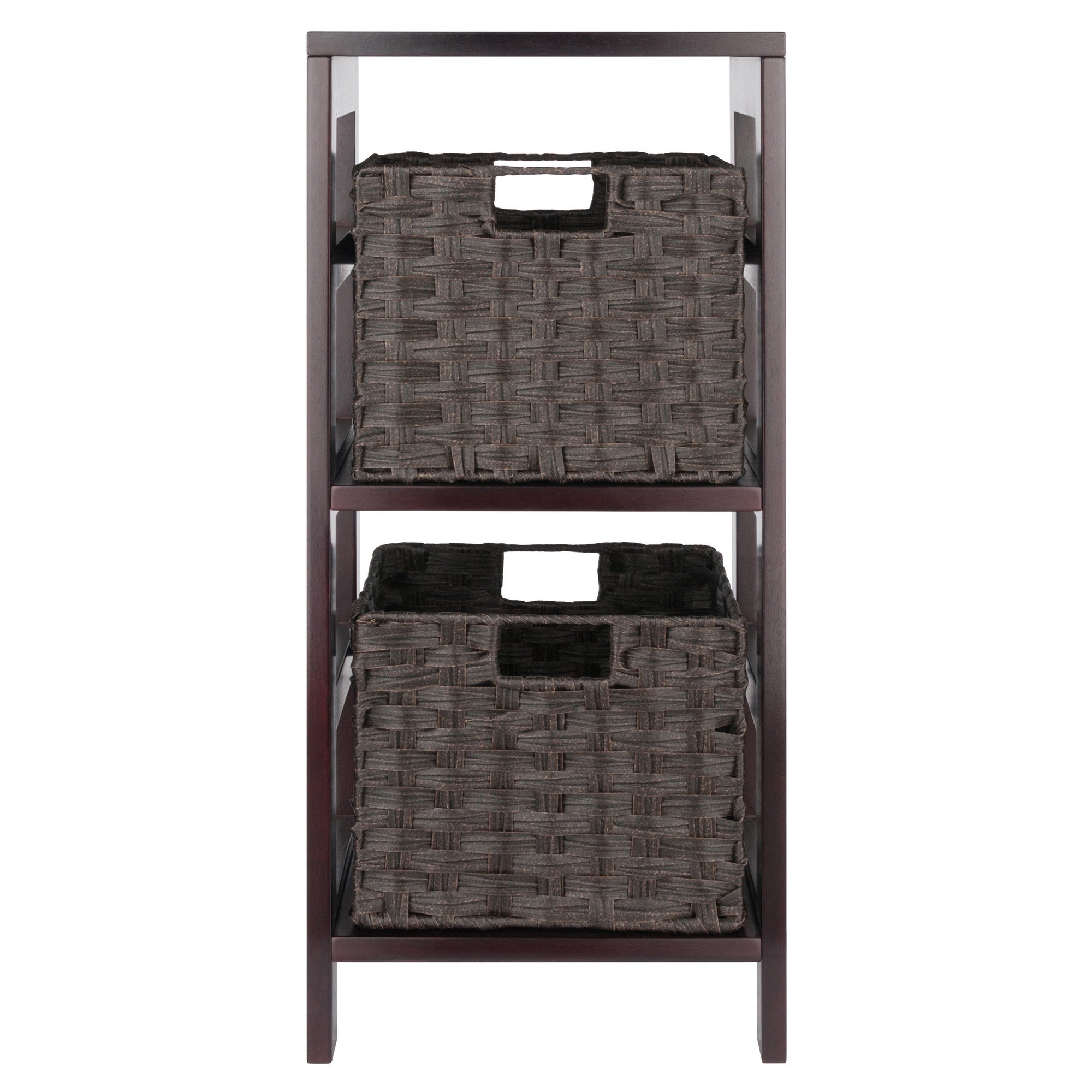Winsome Leo 2-Tier Storage Shelf with 2 Foldable Woven Baskets, for Living Room, Home Office, Bedroom, Espresso