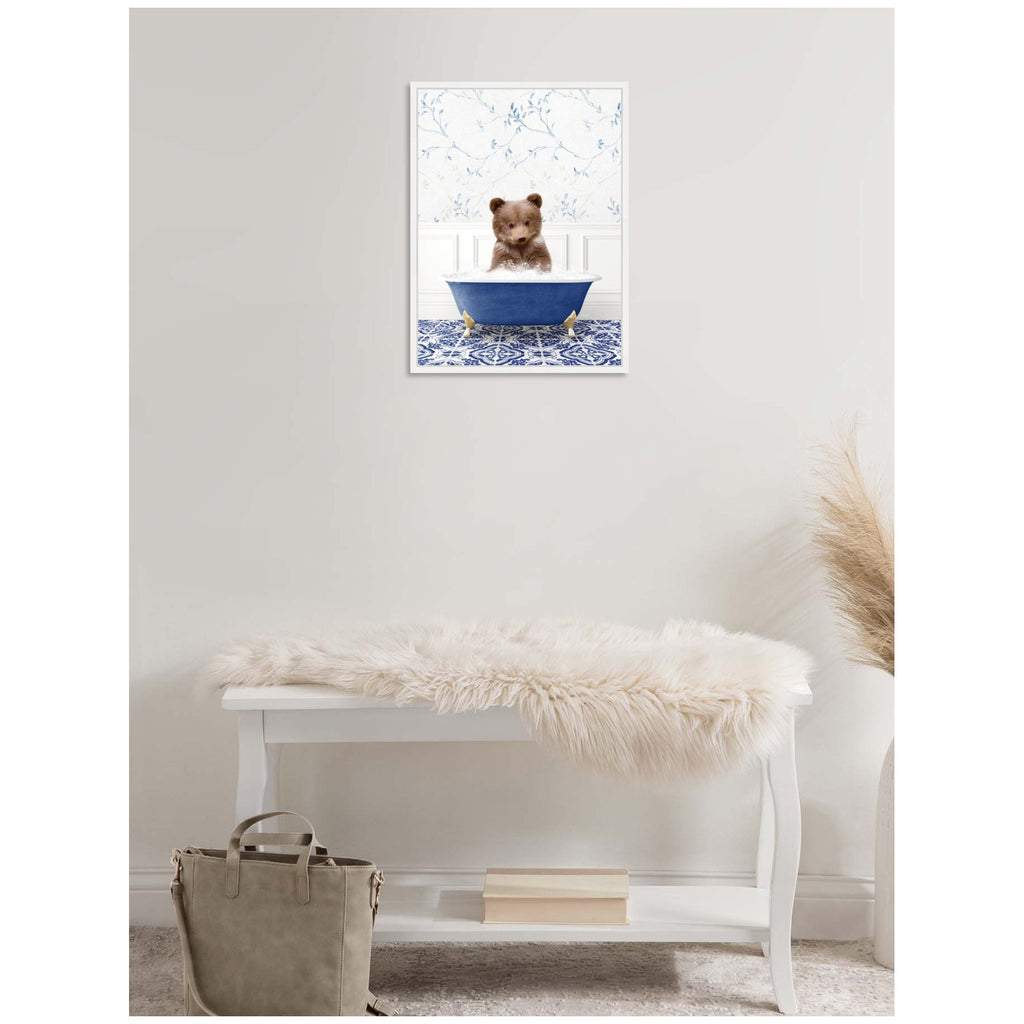 Sylvie Bear Cub in Eclectic Blue Bathtub Framed Canvas by Amy Peterson