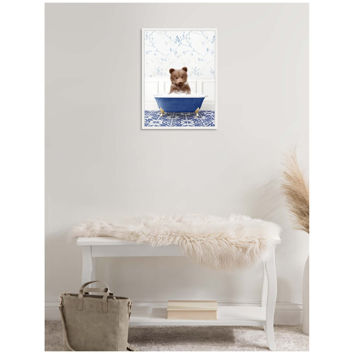 Sylvie Bear Cub in Eclectic Blue Bathtub Framed Canvas by Amy Peterson