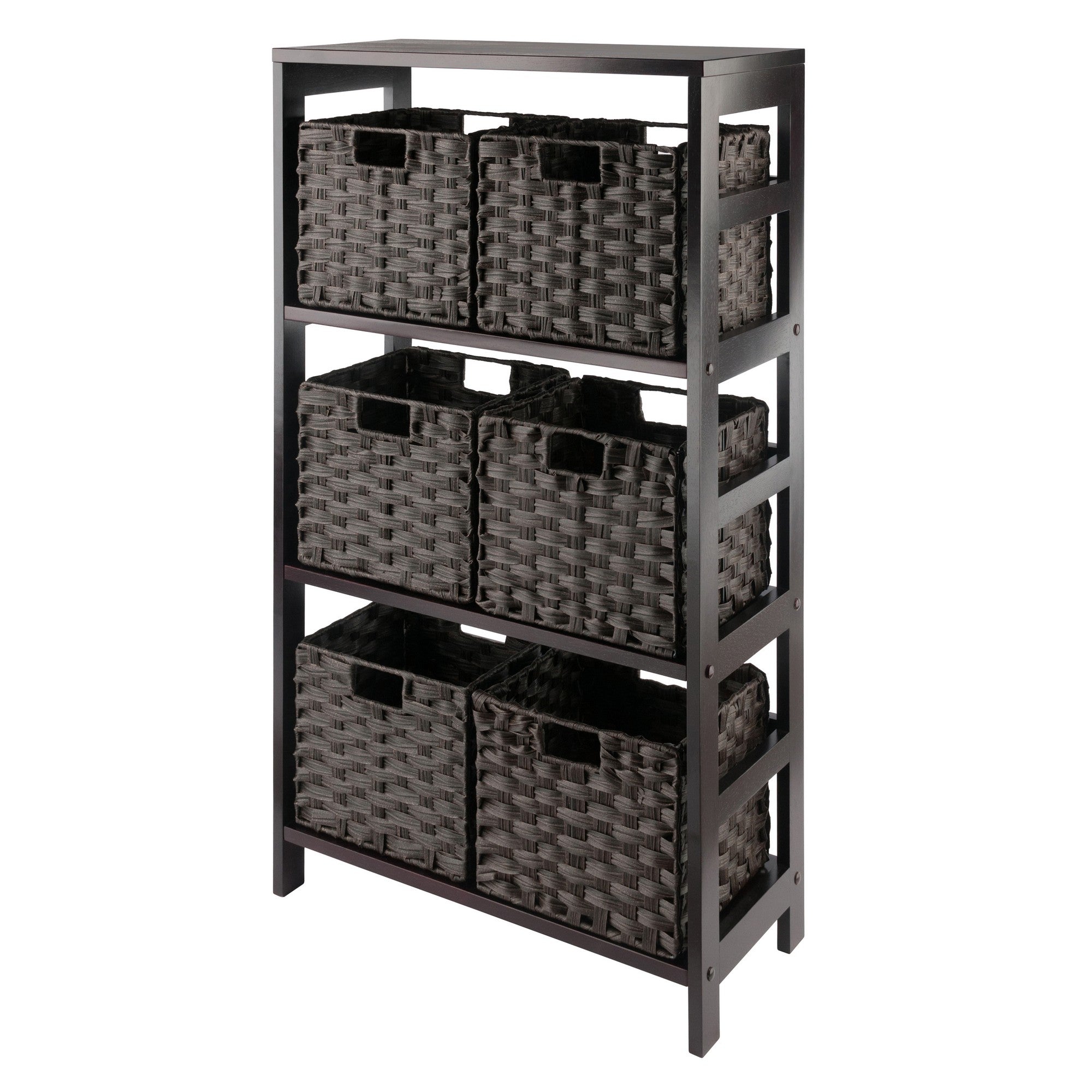 Winsome Leo 3-Tier Wide Storage Shelf with 6 Foldable Woven Baskets, for Living Room, Home Office, Bedroom, Espresso