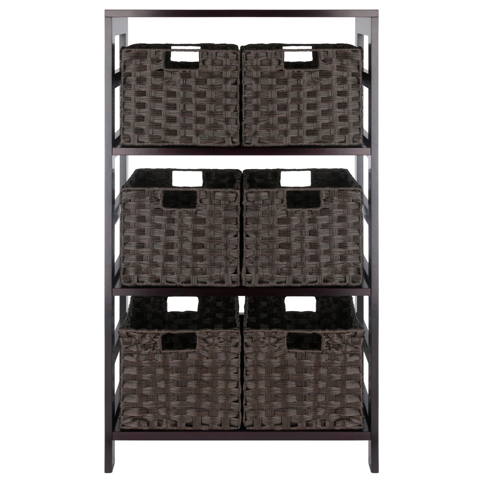 Winsome Leo 3-Tier Wide Storage Shelf with 6 Foldable Woven Baskets, for Living Room, Home Office, Bedroom, Espresso