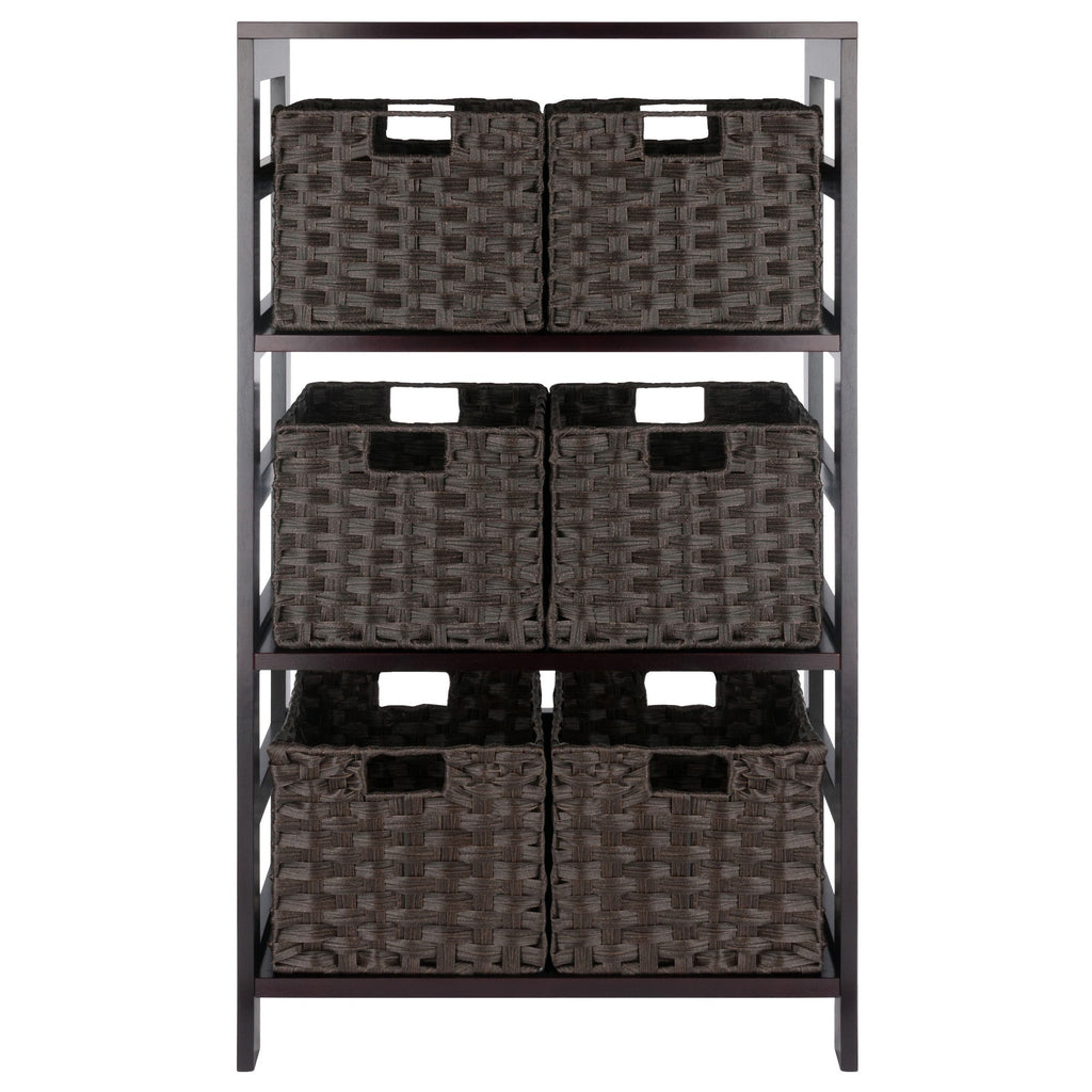 Winsome Leo 3-Tier Wide Storage Shelf with 6 Foldable Woven Baskets, for Living Room, Home Office, Bedroom, Espresso