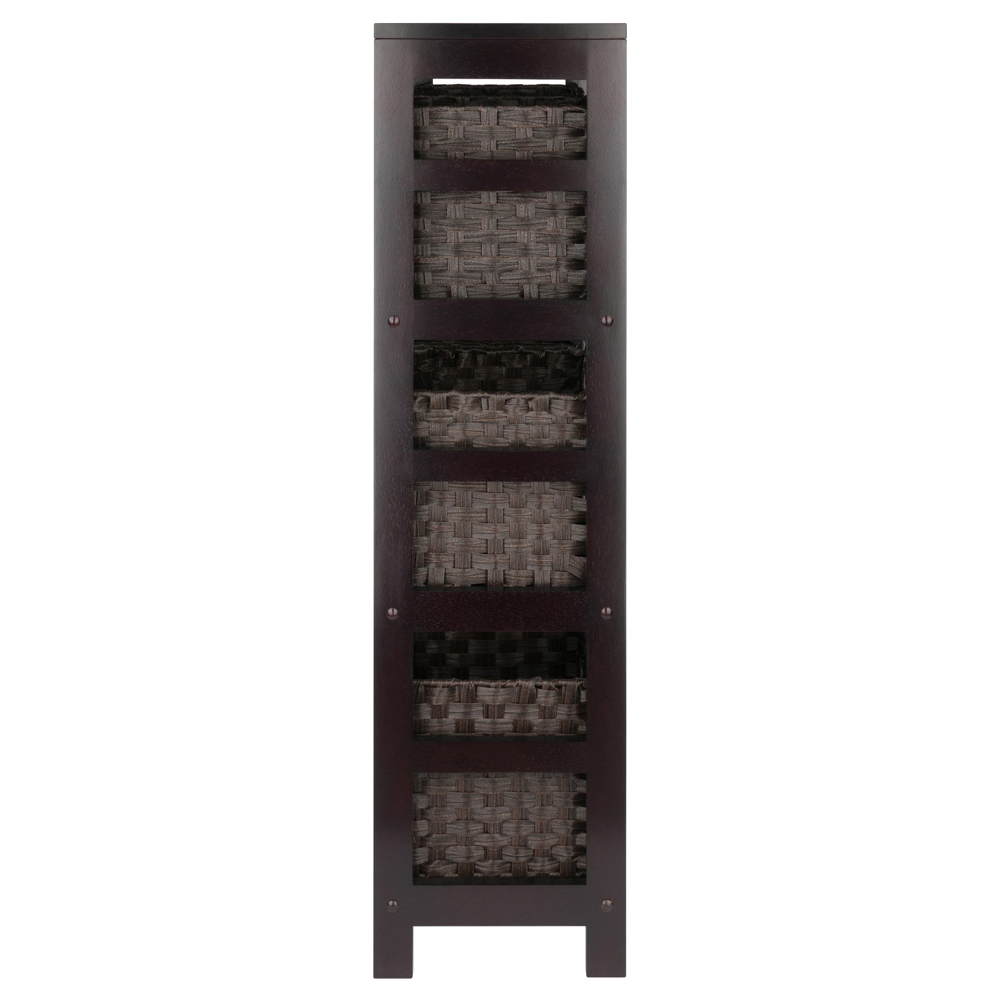 Winsome Leo 3-Tier Wide Storage Shelf with 6 Foldable Woven Baskets, for Living Room, Home Office, Bedroom, Espresso