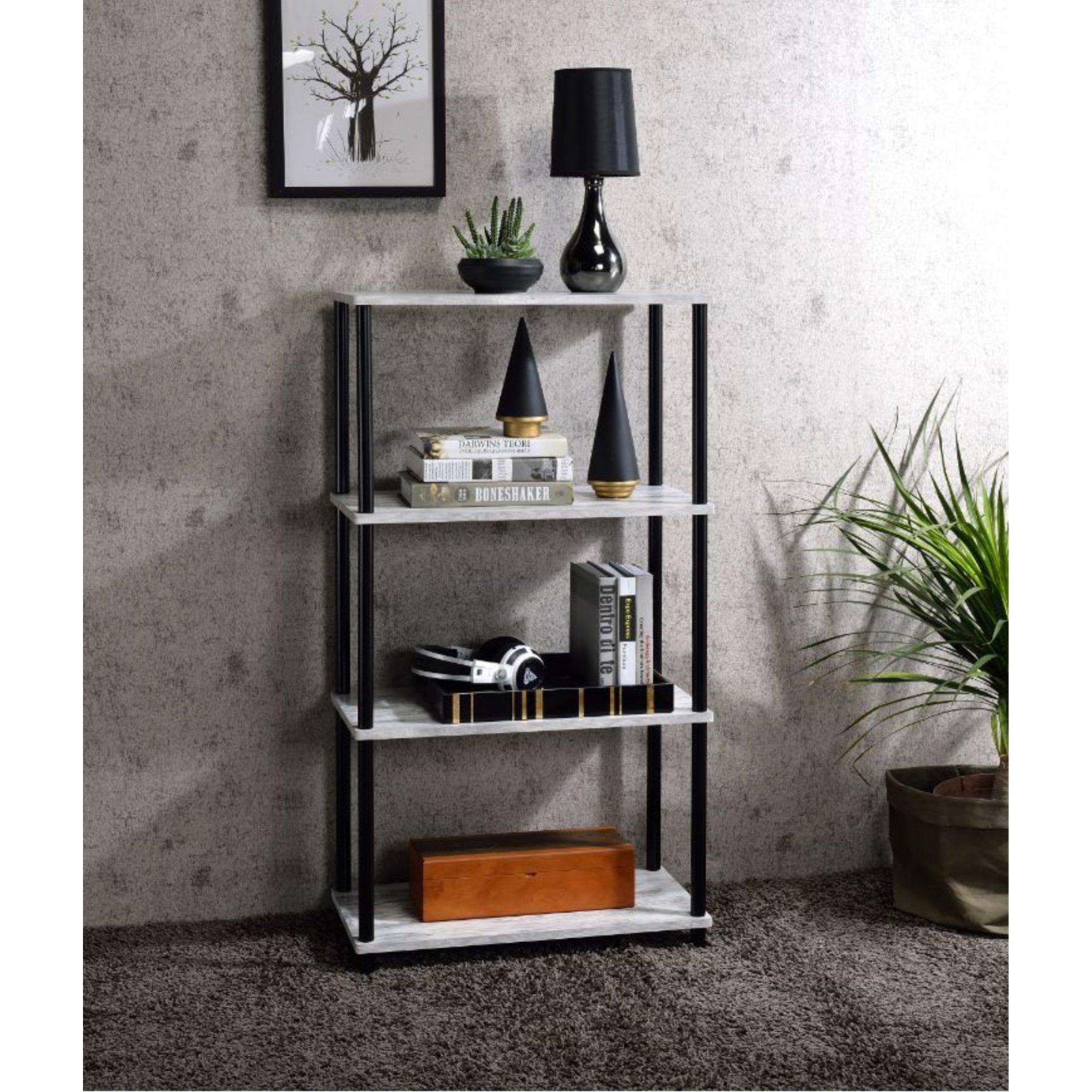 Acme Nypho 4 Wooden Shelves Rectangular Bookshelf In Antique White And Black