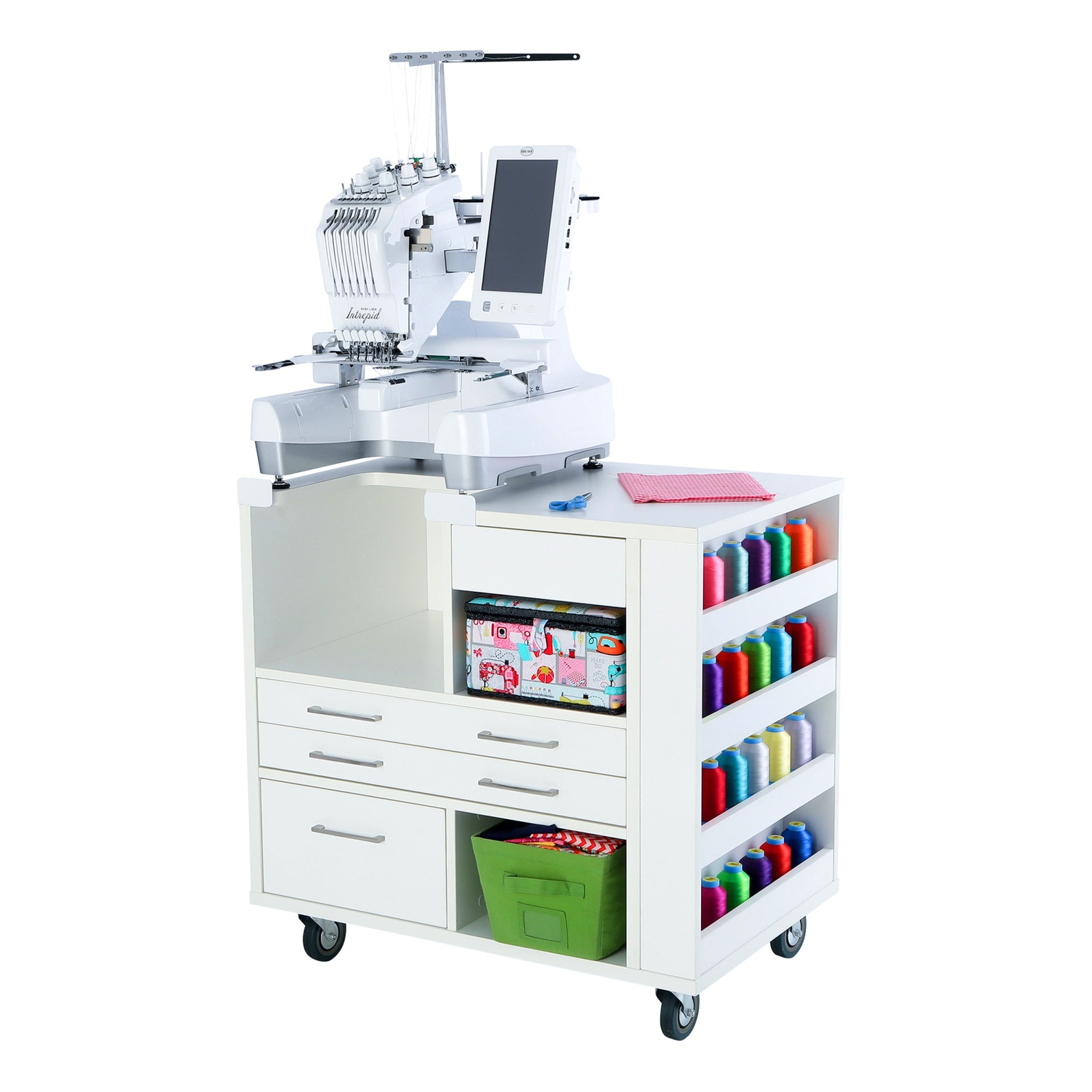 Arrow 9301B Ava Embroidery Multi-Needle Sewing Cabinet For Brother And Baby Lock, Portable With Wheels, White Finish