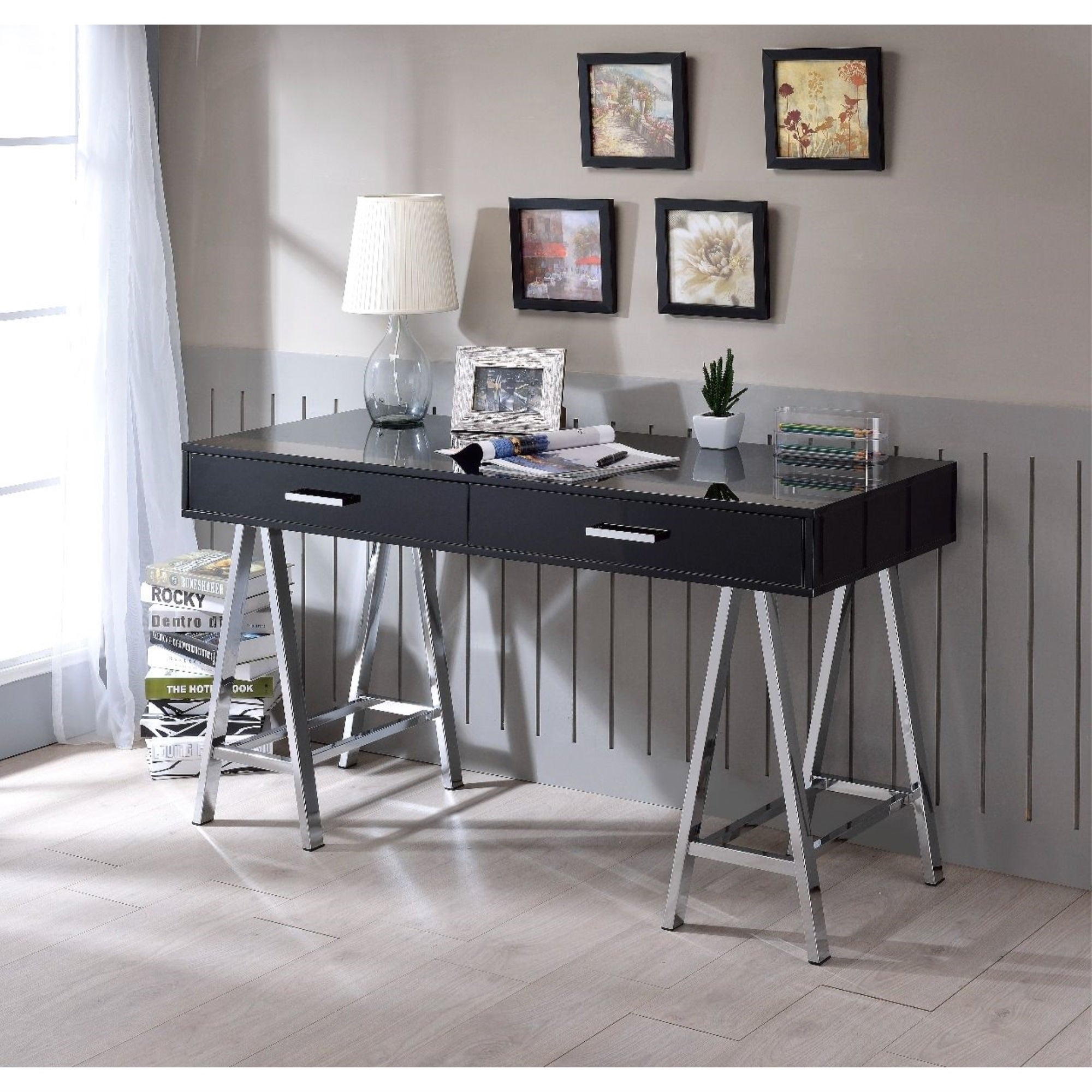 Acme Furniture Coleen Built-In Usb Port Writing Desk In Black High Gloss & Chrome Finish
