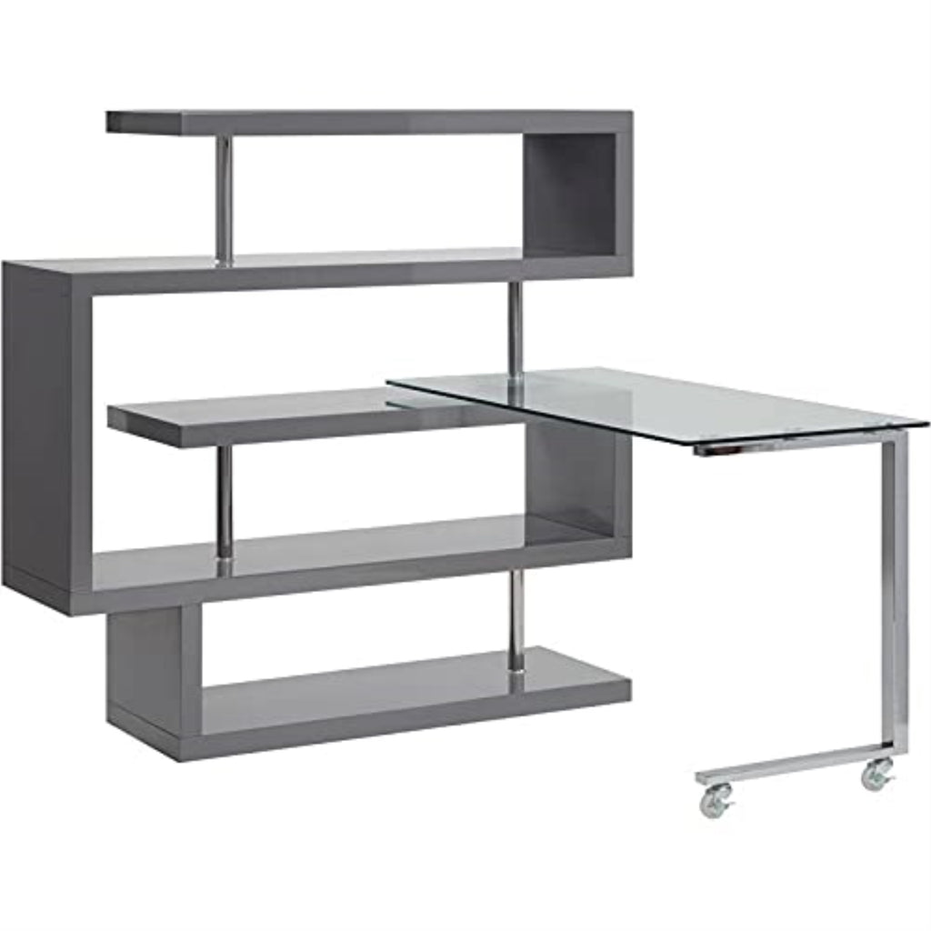 Acme Buck II Glass Top Writing Desk in Chrome and Gray High Gloss