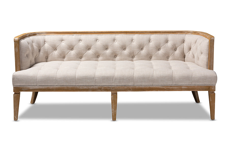 Baxton Studio Agnes French Provincial Beige Linen Fabric Upholstered and WhiteWashed Oak Wood Sofa