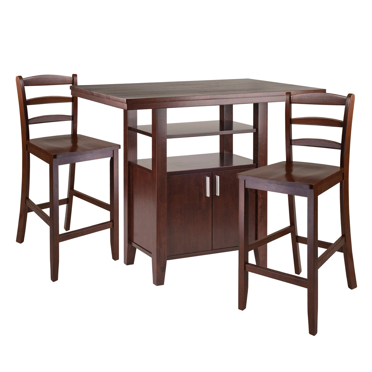 Albany 3Piece High Table And Counter Stool Set | Solid Wood | Walnut Finish | Storage Cabinet | Display Shelves | Ladder Back S