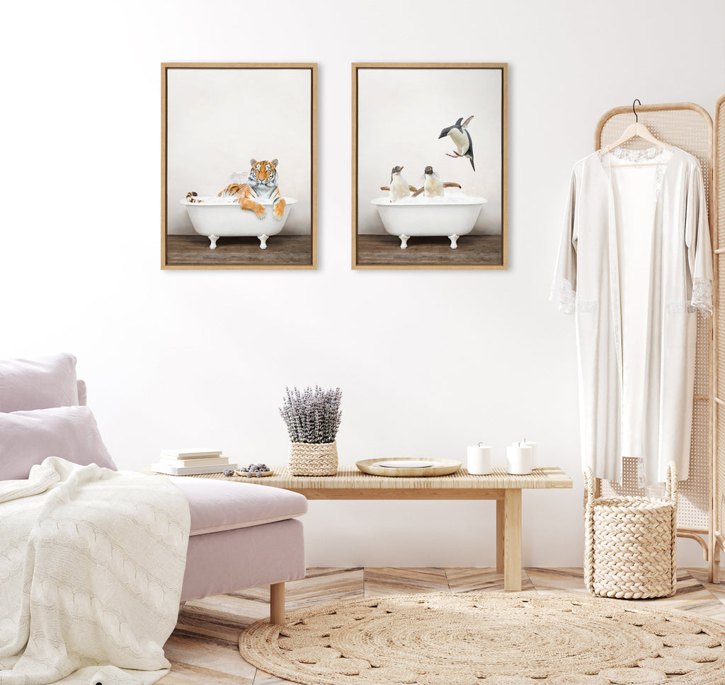 Sylvie Penguins Playing in Rustic Bath Framed Canvas by Amy Peterson Art Studio