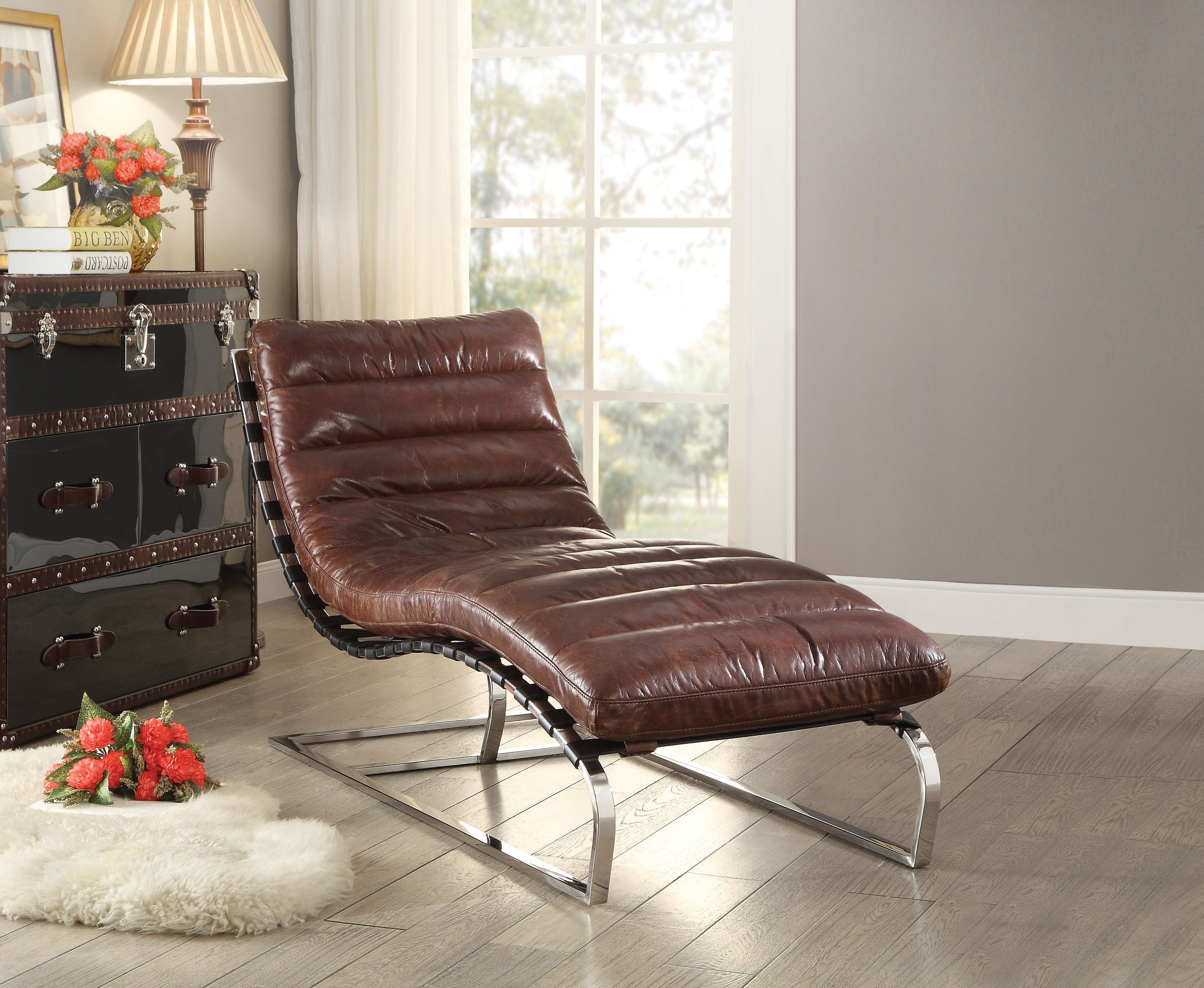 Qortini  Chaise Vintage Dark Brown TGL & Stainless Steel
