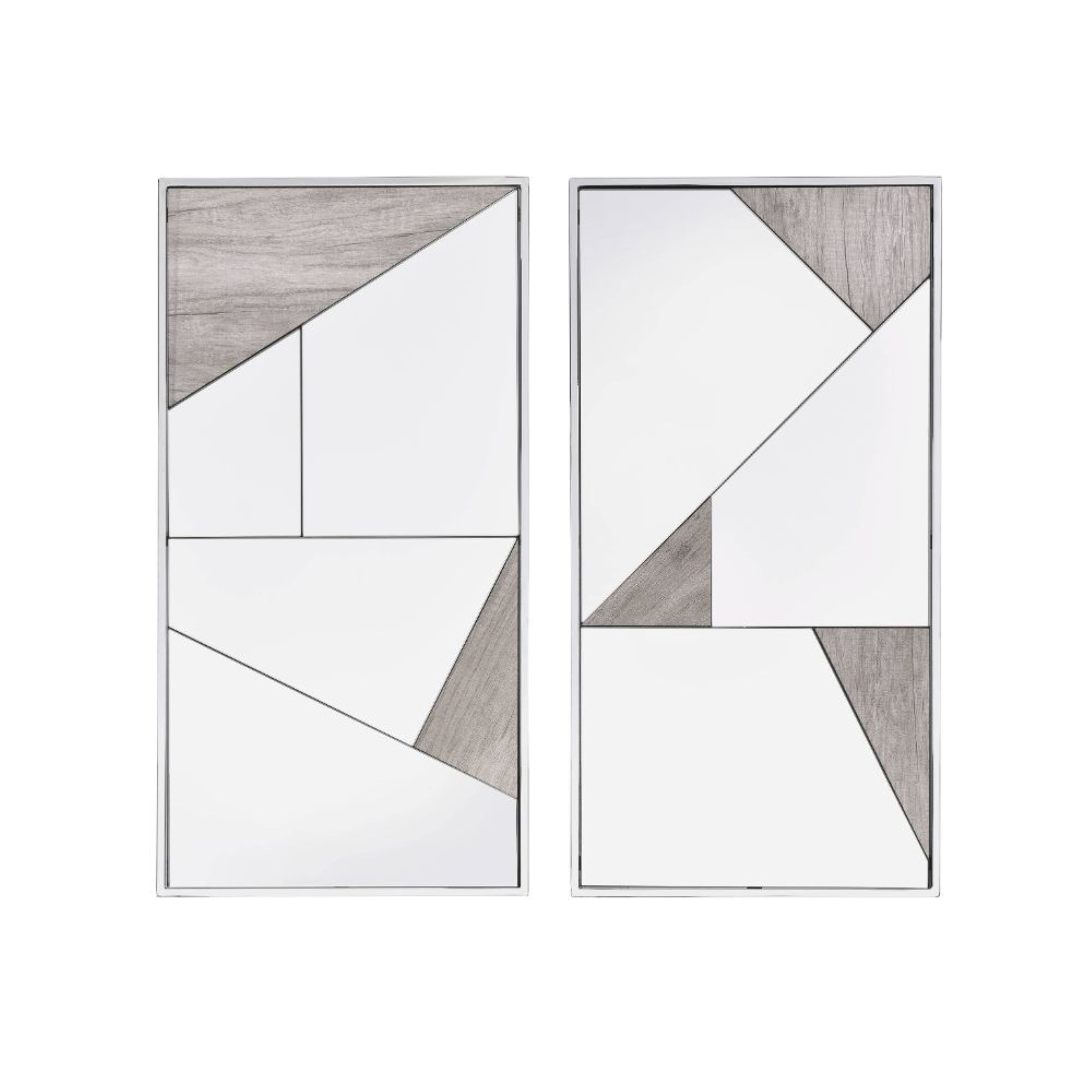 Acme Chafik Metal Frame Wall Accent Mirrors In Chrome And Natural Oak (Set Of 2)