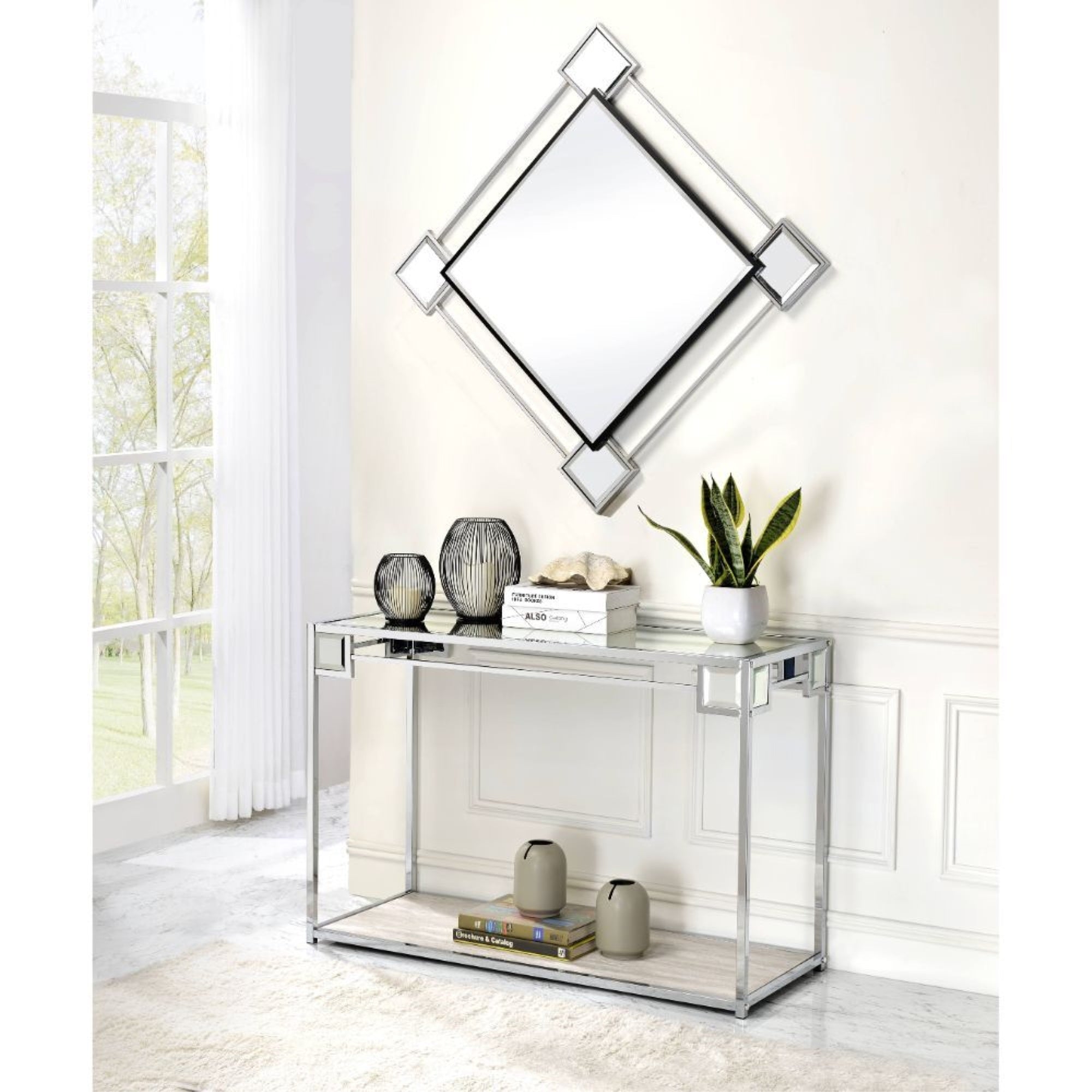 Acme Asbury Metal Frame Wall Accent Mirror In Mirrored And Chrome