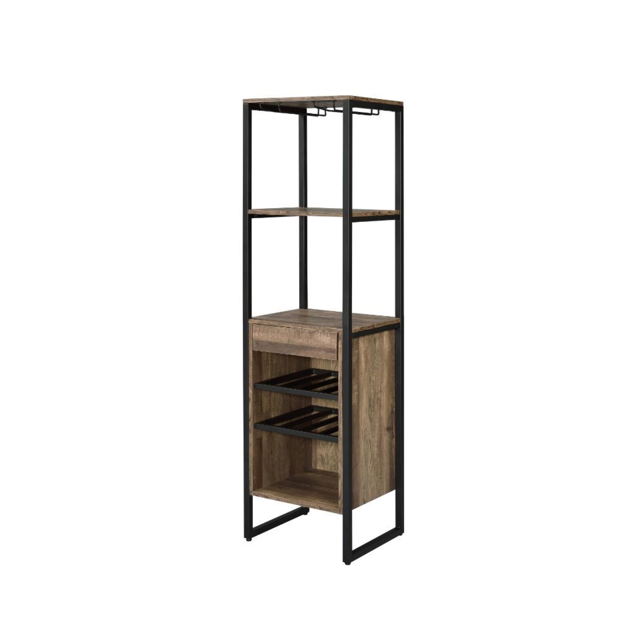 Acme Narik Metal 1-Drawer Wine Rack With 5 Shelves In Weathered Oak