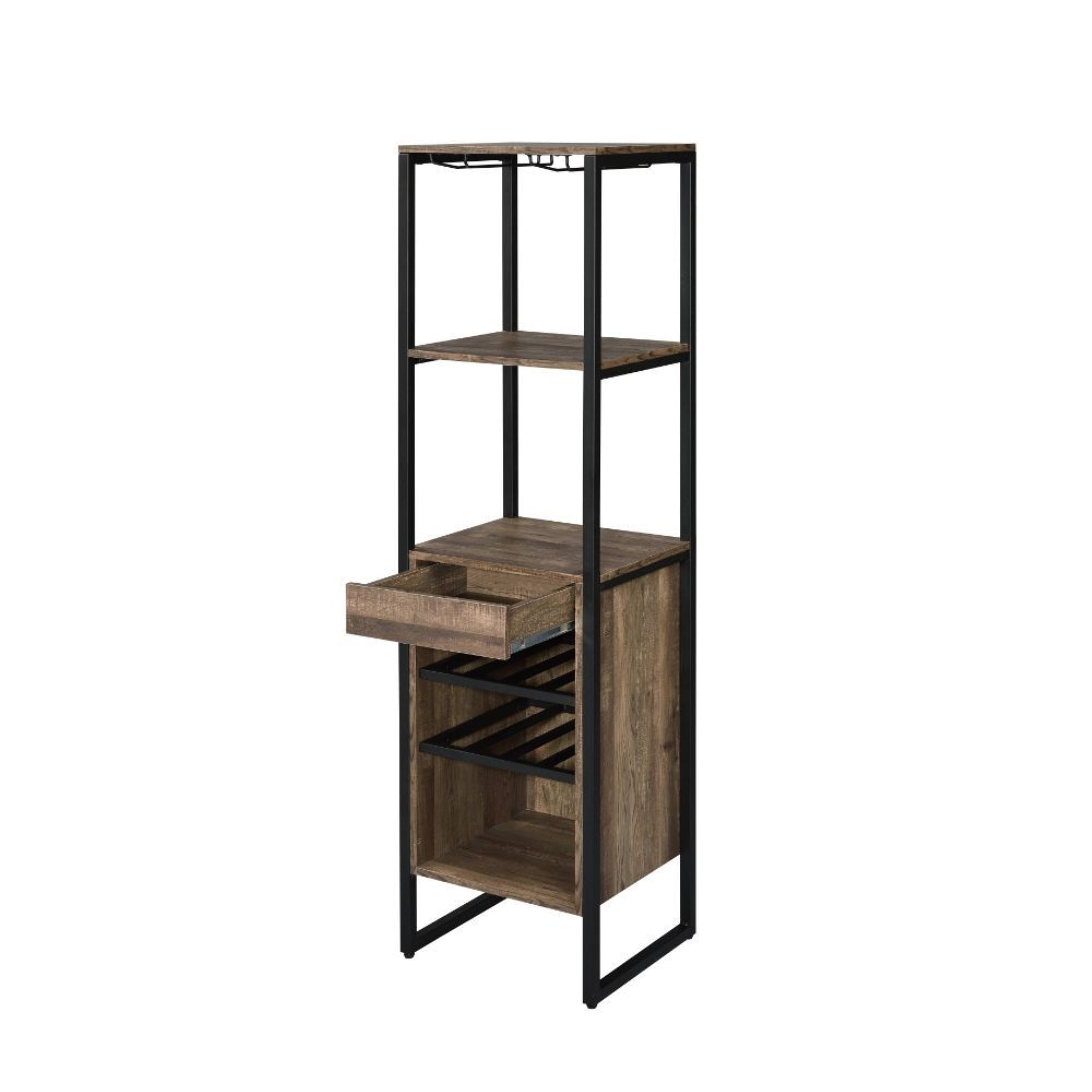 Acme Narik Metal 1-Drawer Wine Rack With 5 Shelves In Weathered Oak