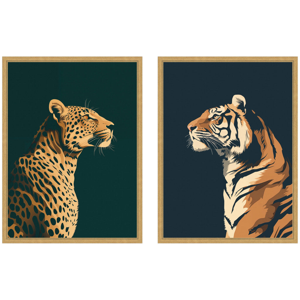 Gold Emerald Leopard Navy Tiger 2 Piece Framed Canvas Wall Art Set by The Creative Bunch Studio