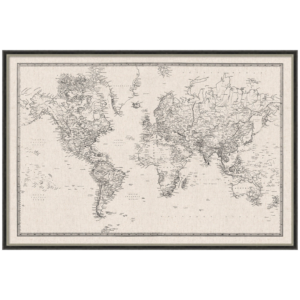 Framed Fabric Pinboard Vintage Black and White Linen World Map Wall Organization
