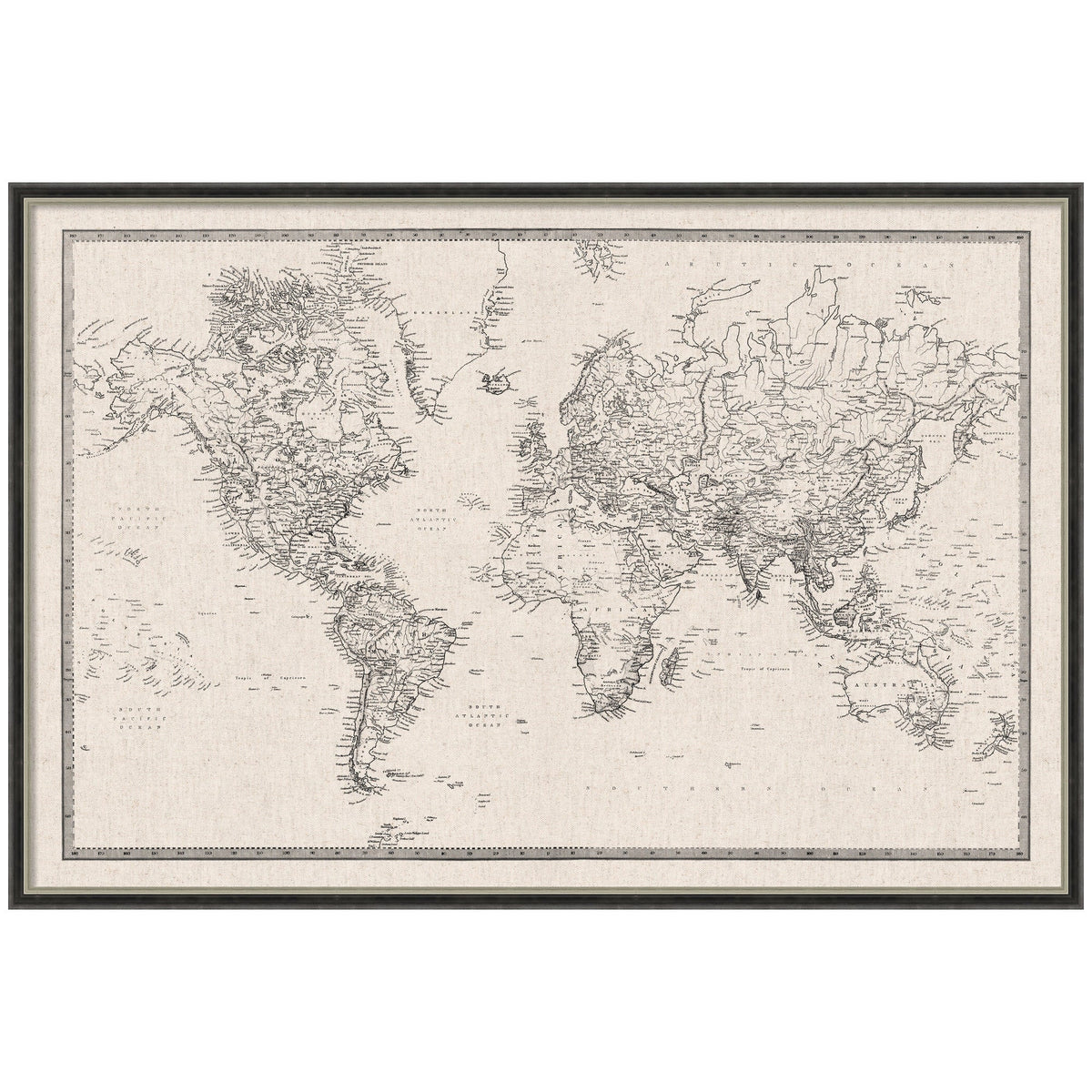 Framed Fabric Pinboard Vintage Black and White Linen World Map Wall Organization