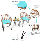 3-Piece Rattan Bistro Set with Cushions and Glass Table