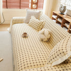 Grid Textured Sofa Cover with Sheer Ruffle Skirt, Pet-Friendly Sofa Throw Slipcover