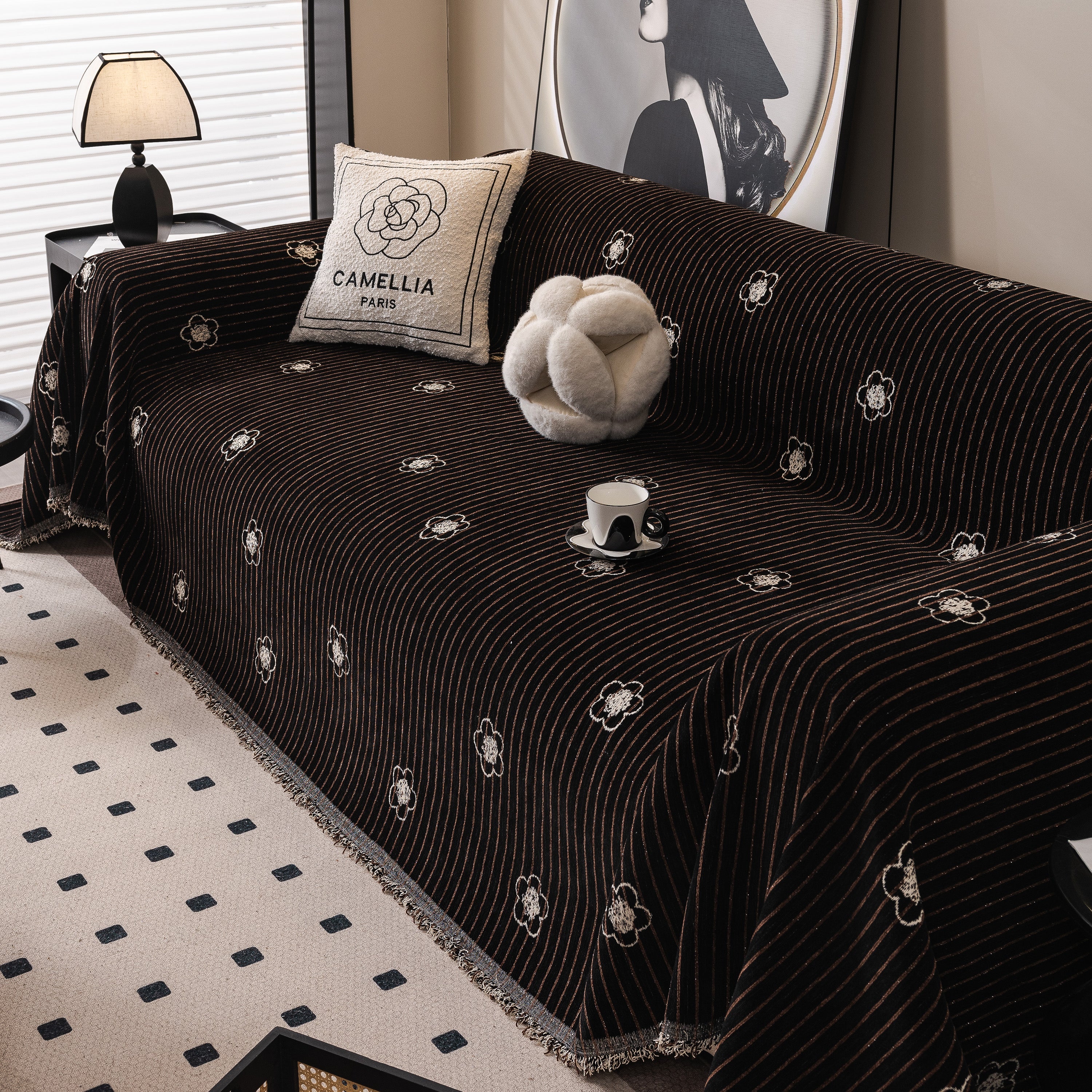 Chenille Camellia Floral Sofa Throw Cover Couch Blanket with Striped Jacquard