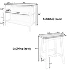 Rustic 3 Piece Stationary Kitchen Island Set With 2 Seatings, With 2 Open Shelves