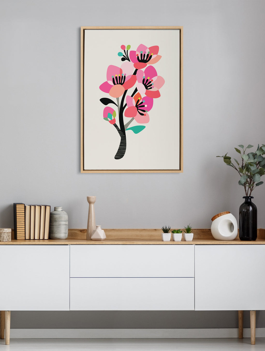 Sylvie Mid Century Modern Cherry Blossoms Framed Canvas by Rachel Lee of My Dream Wall