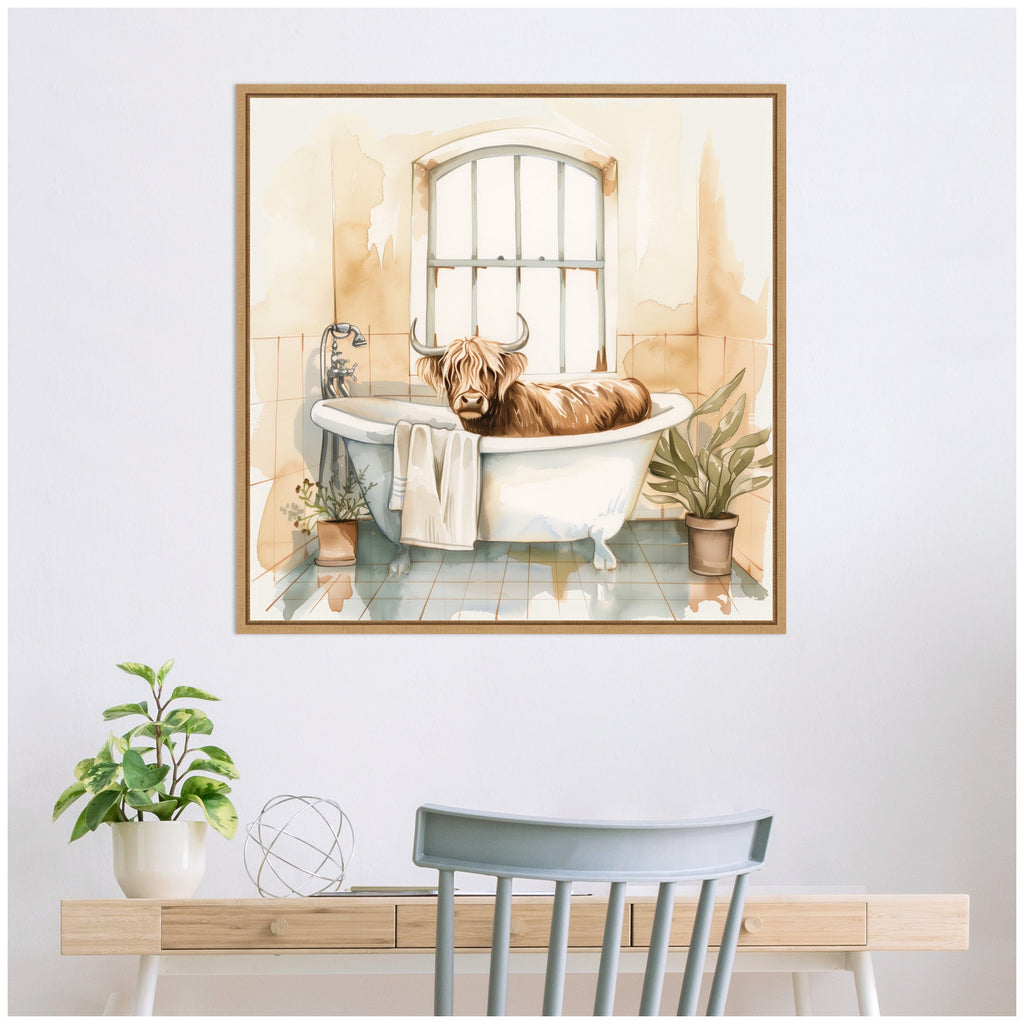 Sylvie Highland Cow Bathroom Watercolor Framed Canvas by The Creative Bunch Studio