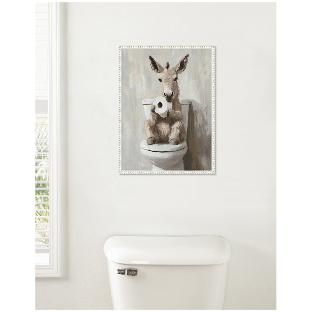 Sylvie Cute Donkey Holding Toilet Paper Roll Toilet Bathroom Art Framed Canvas by The Creative Bunch Studio