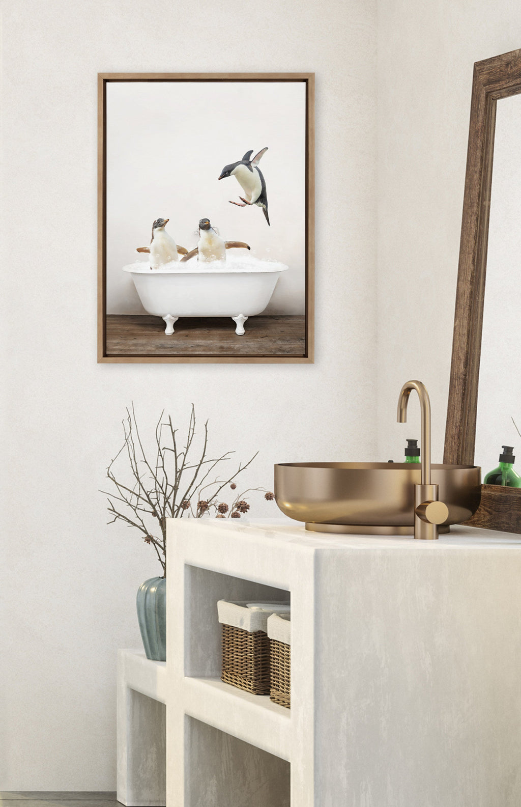 Sylvie Penguins Playing in Rustic Bath Framed Canvas by Amy Peterson Art Studio