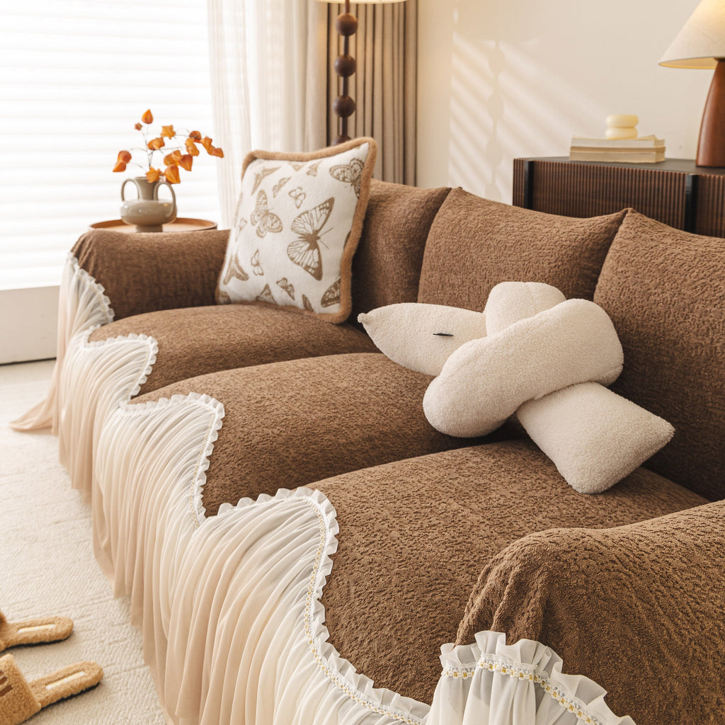 Luxury Sofa Throw Cover with Elegant Ruffled Skirt, Soft Decorative Couch Protector