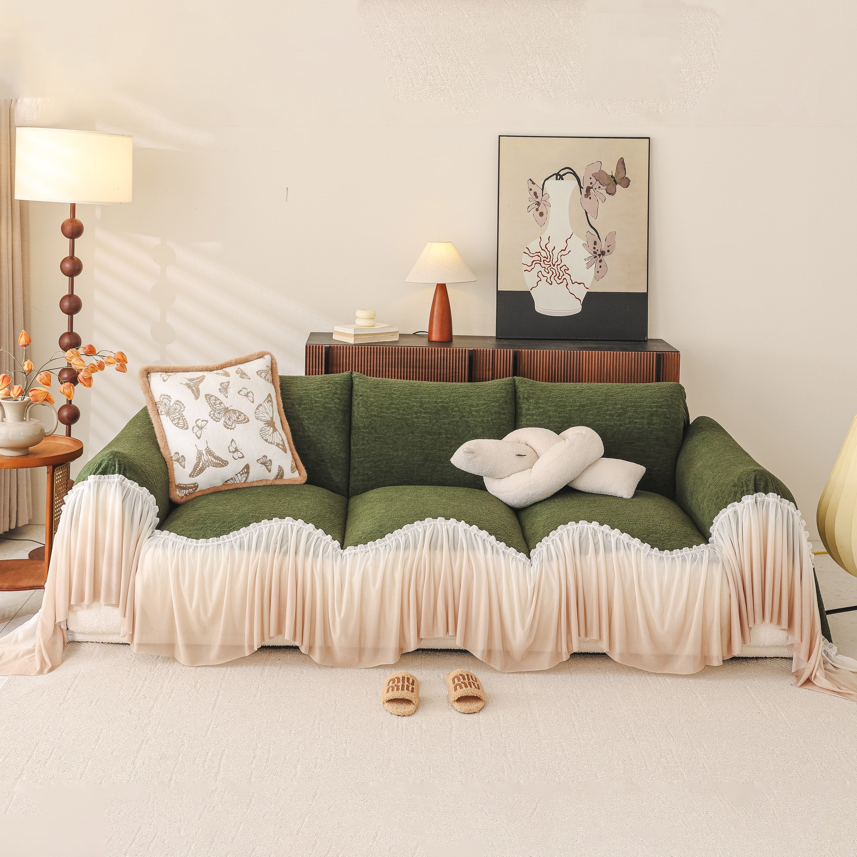 Luxury Sofa Throw Cover with Elegant Ruffled Skirt, Soft Decorative Couch Protector