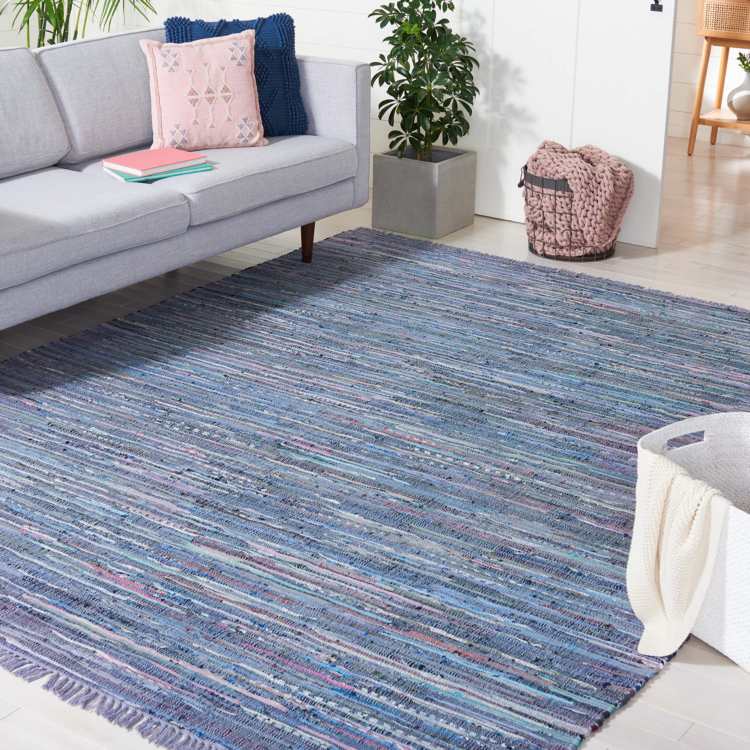 SAFAVIEH Rag Rug Collection Area Rug - 9 x 12, Purple & Multi, Handmade Boho Stripe Cotton, Ideal for High Traffic Areas in Li