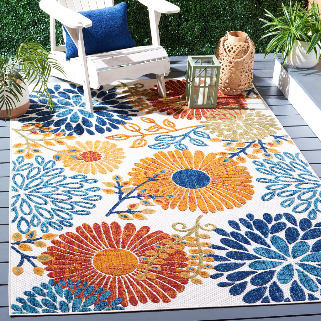 Safavieh Cabana Collection 4' Square Cream/Red Cbn832A Floral Indoor/ Outdoor Non-Shedding Easy Cleaning Patio Backyard Porch Deck Mudroom Area Rug