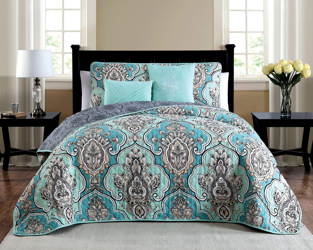 Avondale Manor Odette 5-Piece Quilt Bedding Set, Reversible Lightweight Comforter Bedspread, Hypoallergenic Microfiber Coverlet
