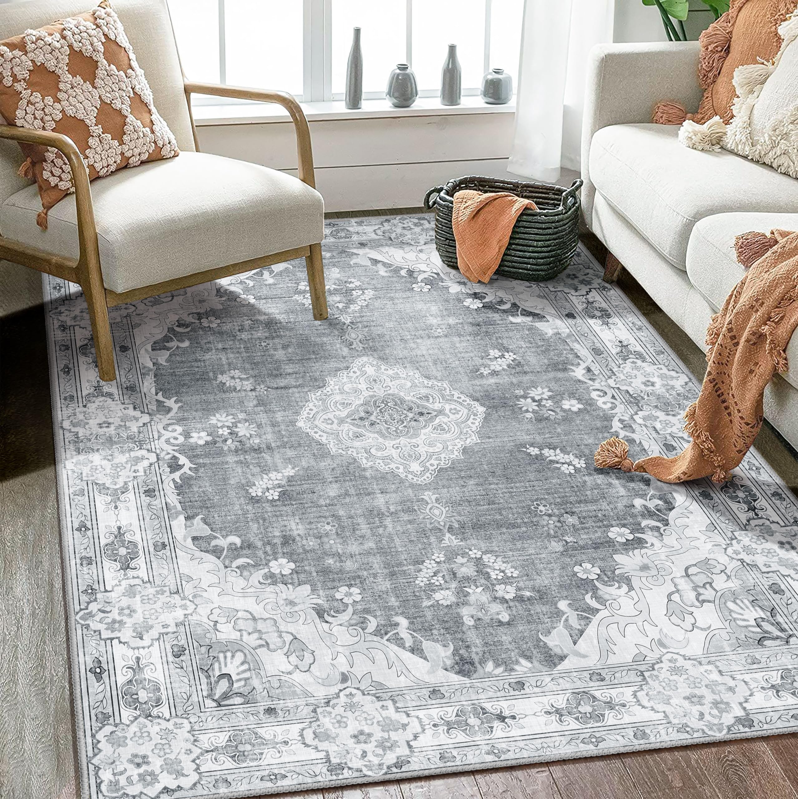 MUJOO Boho Rug 4x6.5,Grey Area Rugs for Bedroom Living Room Dining Room,Machine Washable Non Slip Carpet Vintage Bohemian Dist