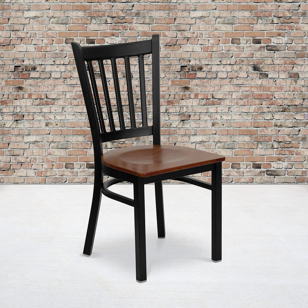 Flash Furniture HERCULES Series Black Vertical Back Metal Restaurant Chair - Cherry Wood Seat