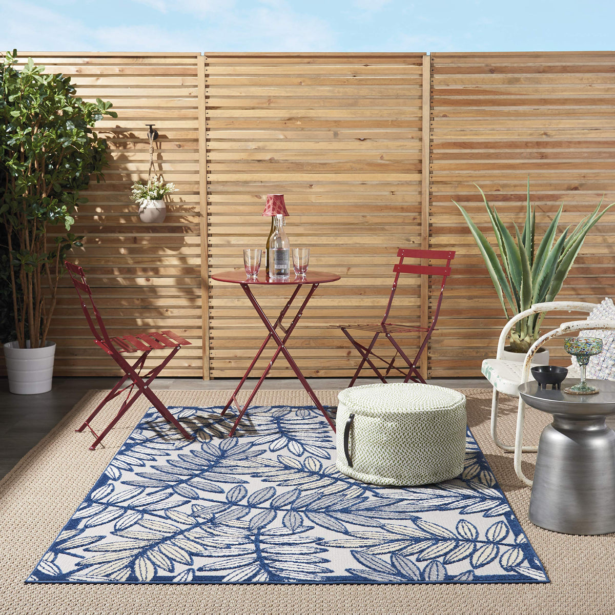Nourison Aloha Indoor/Outdoor Ivory/Navy 3'6' X 5'6' Area Rug, Tropical, Botanical, Easy Cleaning, Non Shedding, Bed Room, Kit