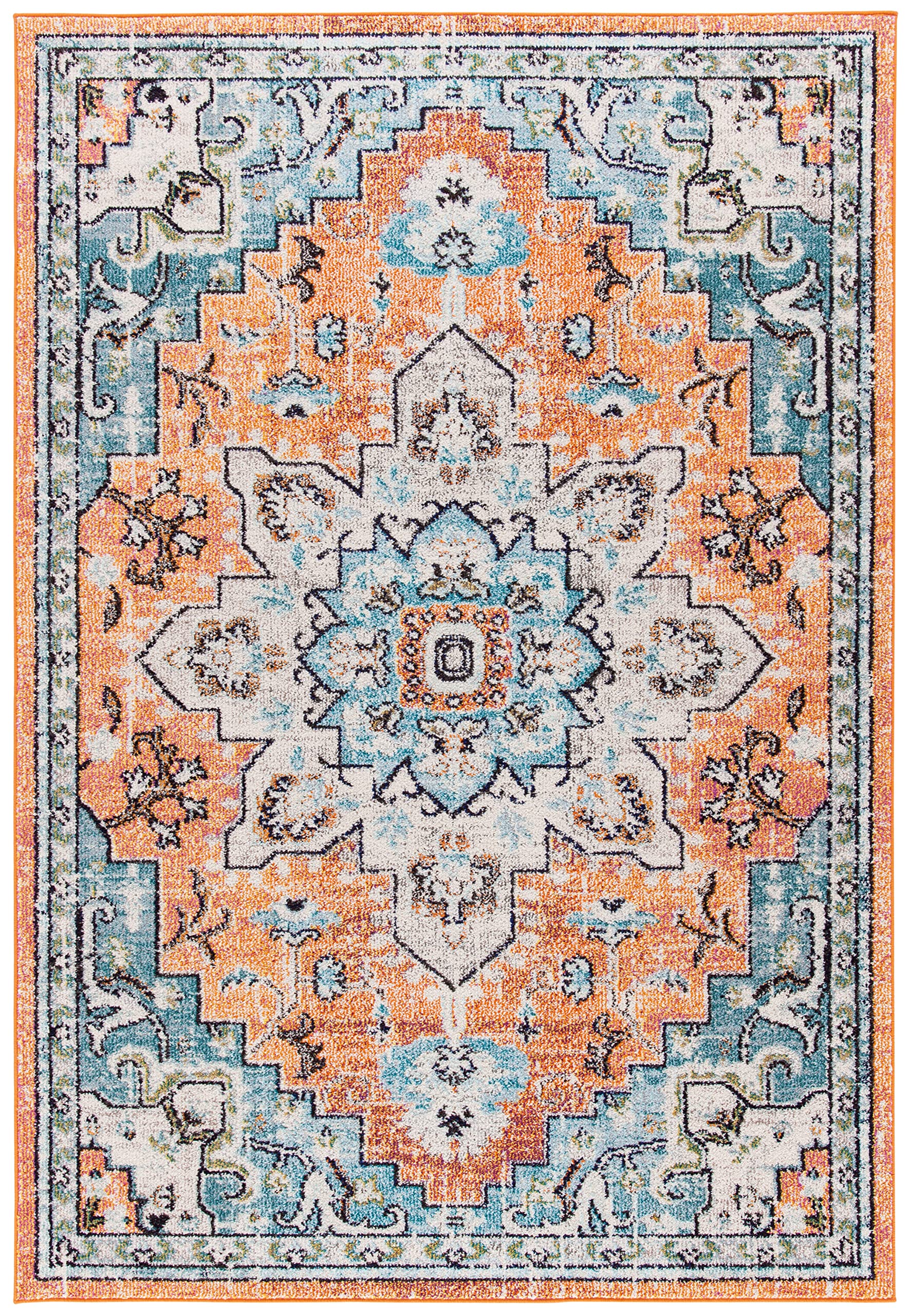 SAFAVIEH Madison Collection Accent Rug - 22 x 4, Orange & Teal, Medallion Distressed Design, Non-Shedding & Easy Care, Ideal f