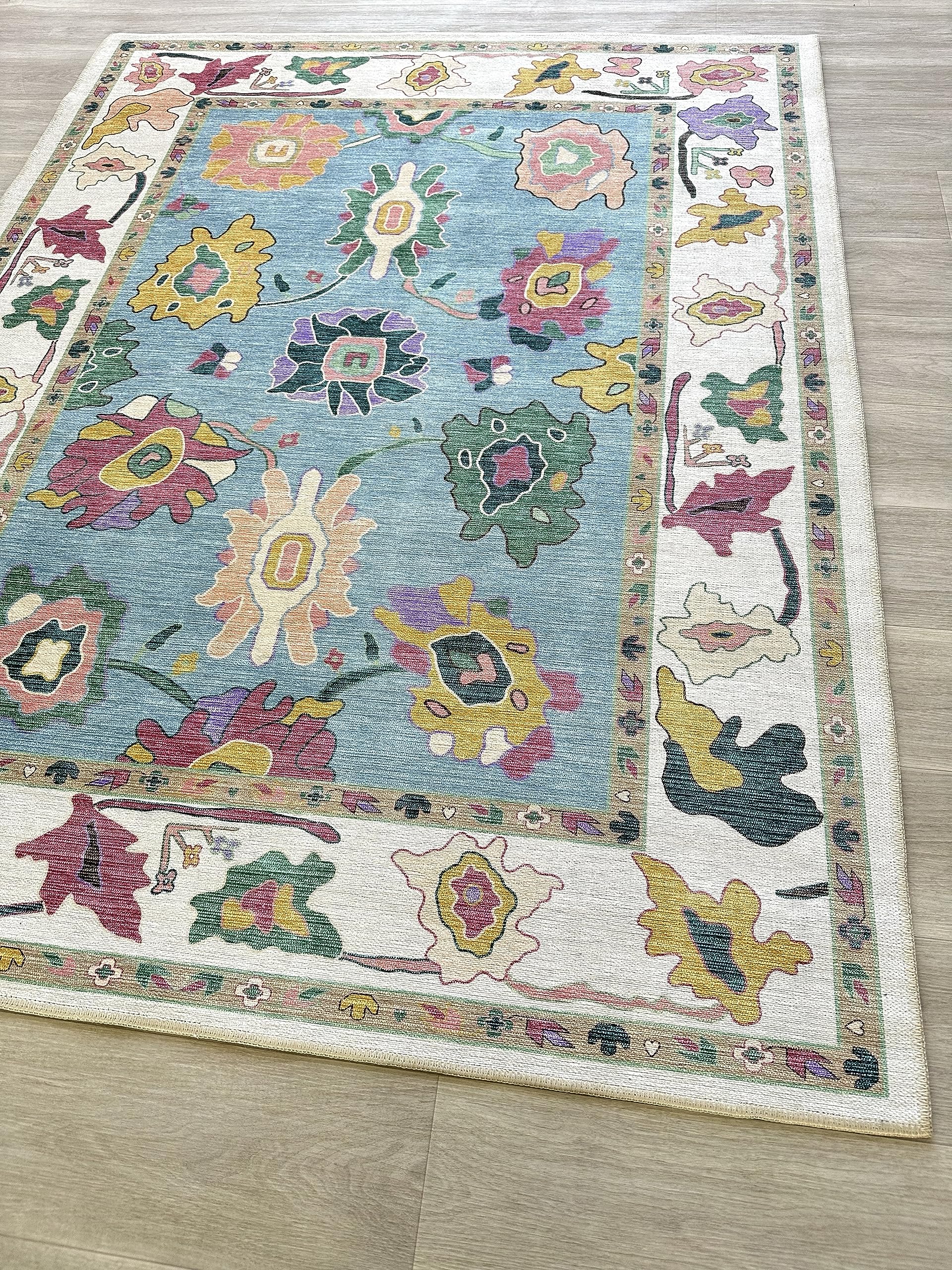 Colorful Oushak Rug, Modern Small Rugs, Vintage, Turkish, Eclectic, Floral, Pastel, Washable, Door Mat, Doormat for Indoor Entra