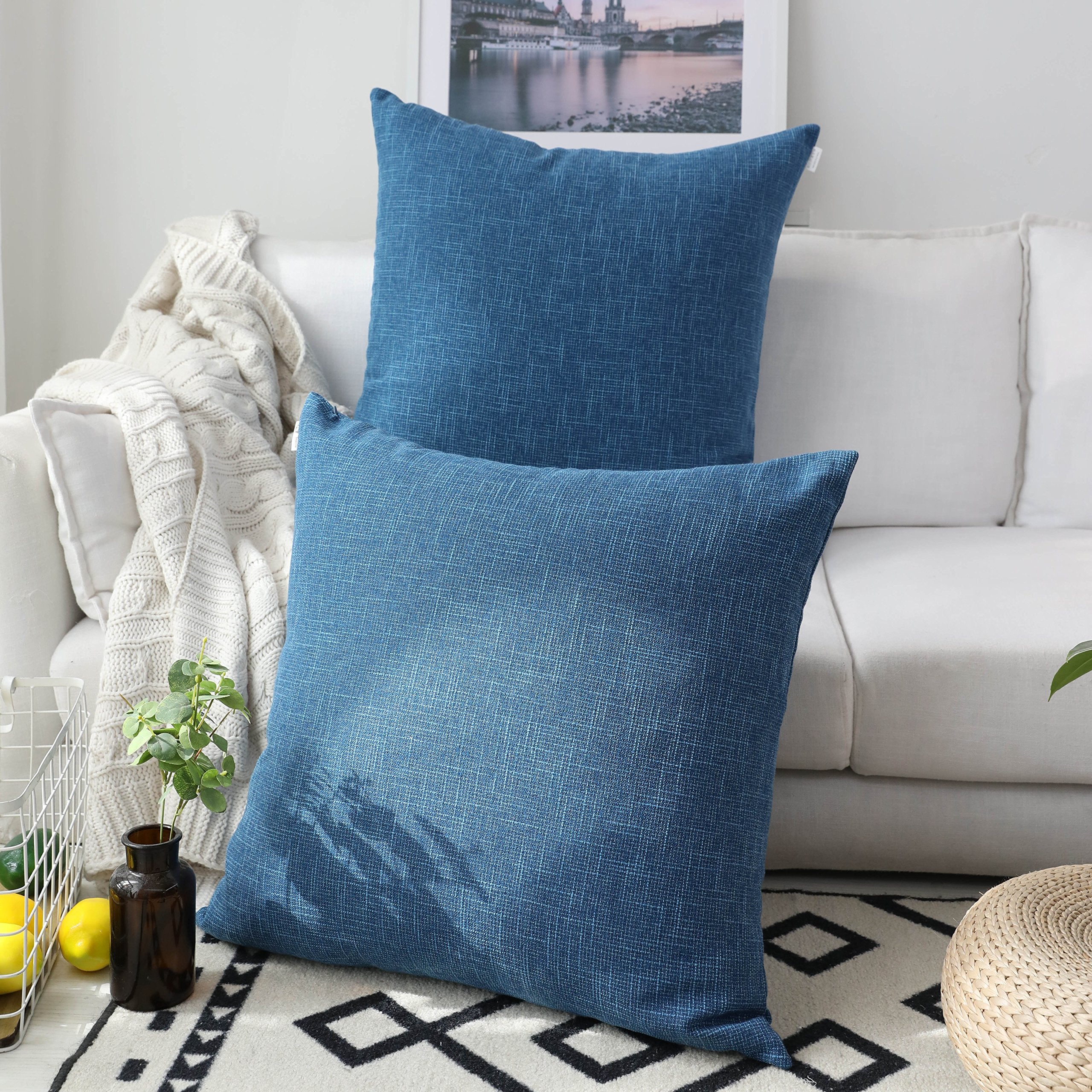 Kevin Textile Pack Of 2 Decorative 2 Tone Linen Pillow Covers Cushion Cover For Chair/Sofa/Bed/Car, 24 X 24 Inches, Navy Blue