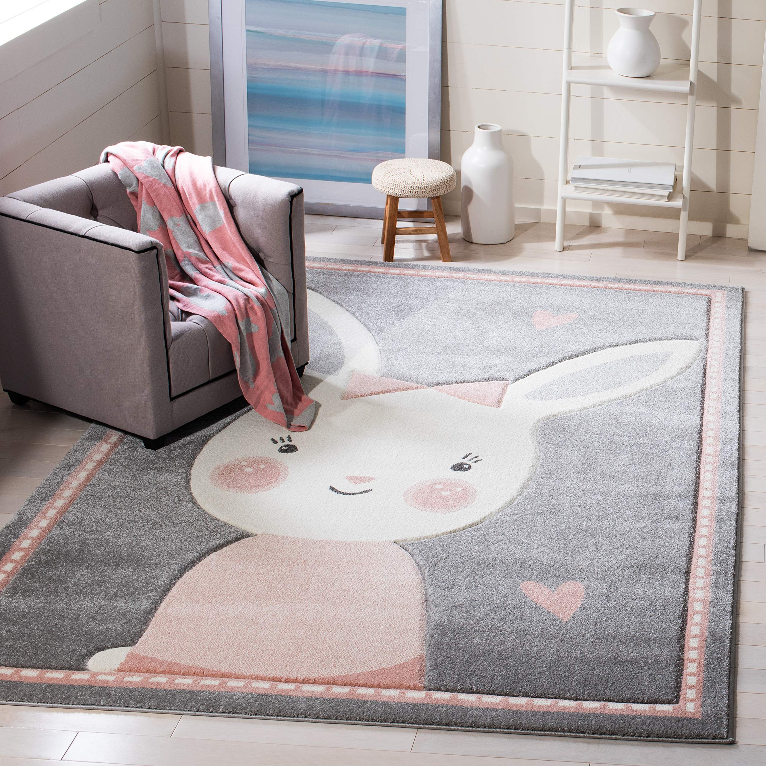 SAFAVIEH Carousel Kids Collection Area Rug - 8 x 10, Grey & Ivory, Bunny Design, Non-Shedding & Easy Care, Ideal for High Traf