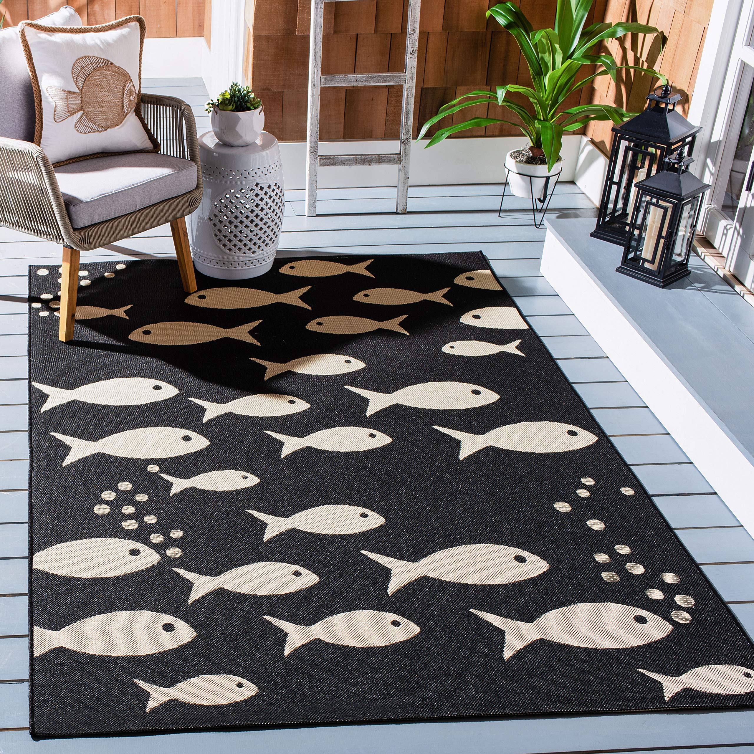 Safavieh Courtyard Collection Accent Rug - 2'7' X 5', Black & Beige, Non-Shedding & Easy Care, Indoor/Outdoor & Washable-Ideal