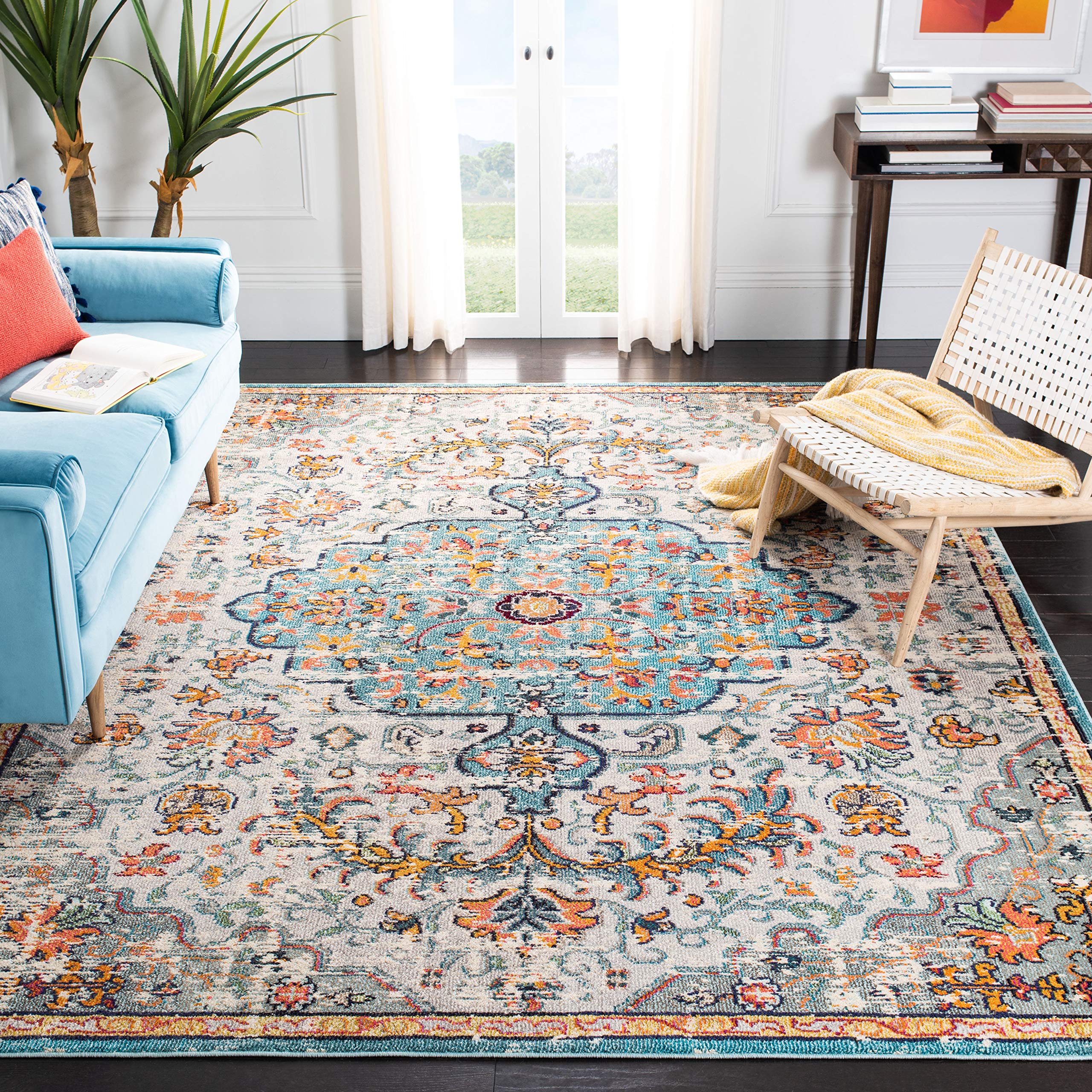 SAFAVIEH Madison Collection Area Rug - 10 x 14, Grey & Light Blue, Boho Chic Medallion Distressed Design, Non-Shedding & Easy 