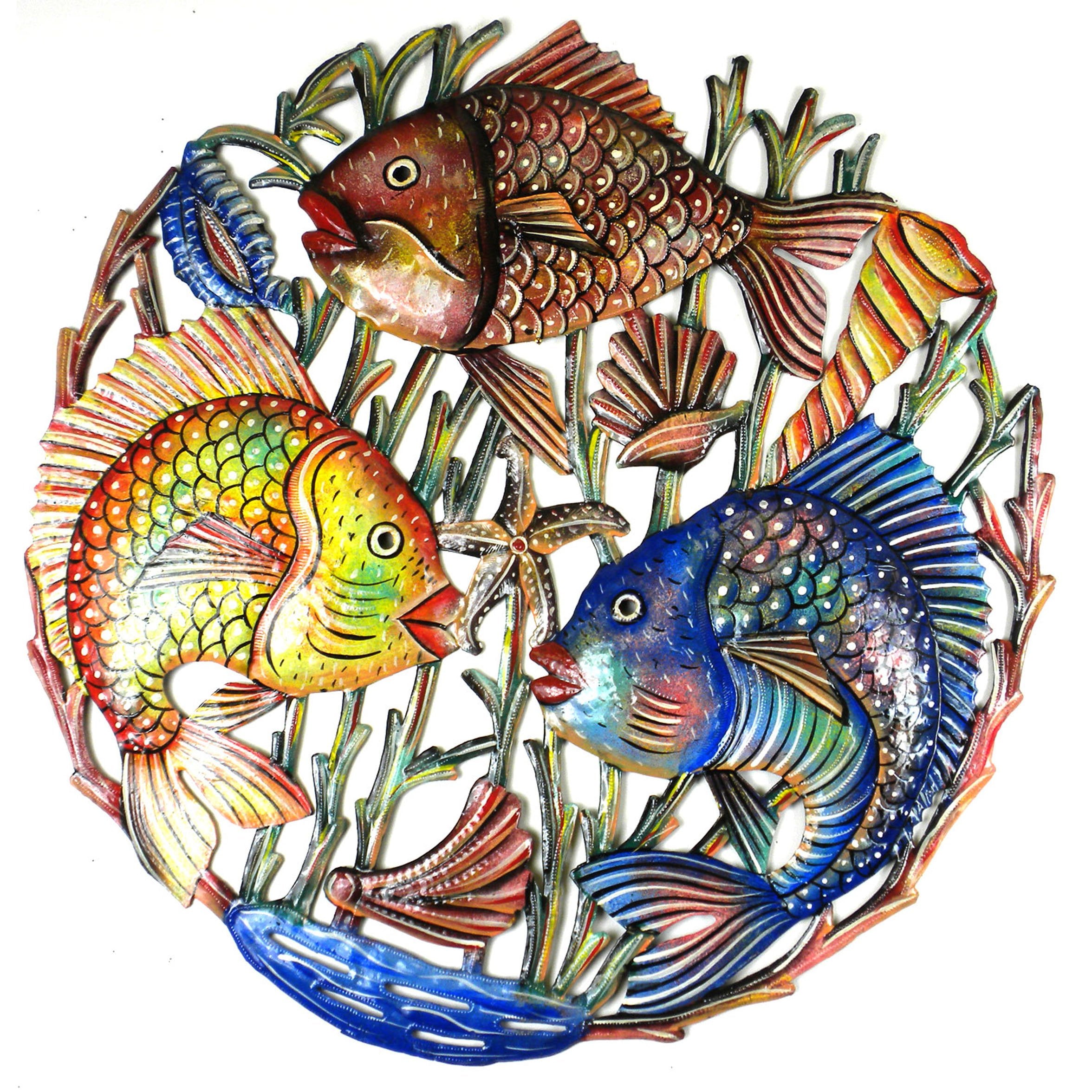 Global Crafts 21 Recycled Hand-Painted Haitian Metal Wall Art Sea Life, Trio Fish