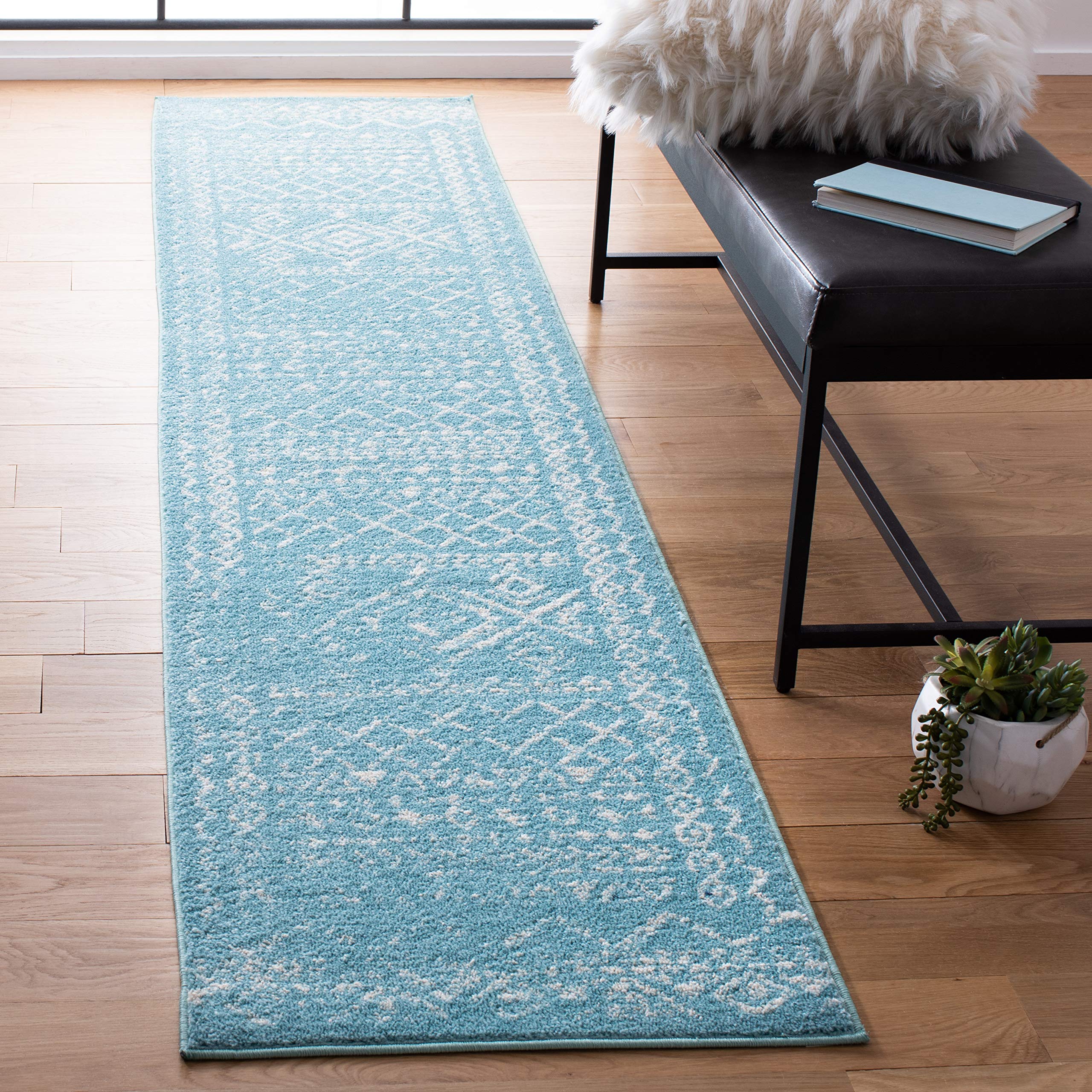 SAFAVIEH Tulum Collection Runner Rug - 2 x 9, Turquoise & Ivory, Moroccan Boho Distressed Design, Non-Shedding & Easy Care, Id