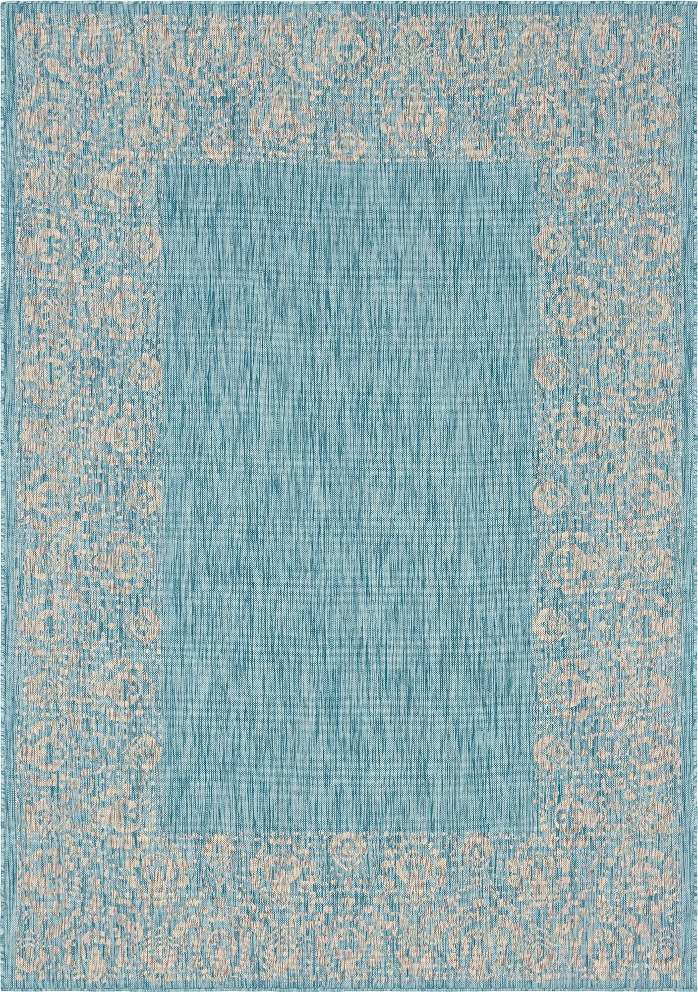 Unique Loom Outdoor Border Collection Area Rug - Floral Border (7' 1' X 10' Rectangle, Aqua/ Ivory)