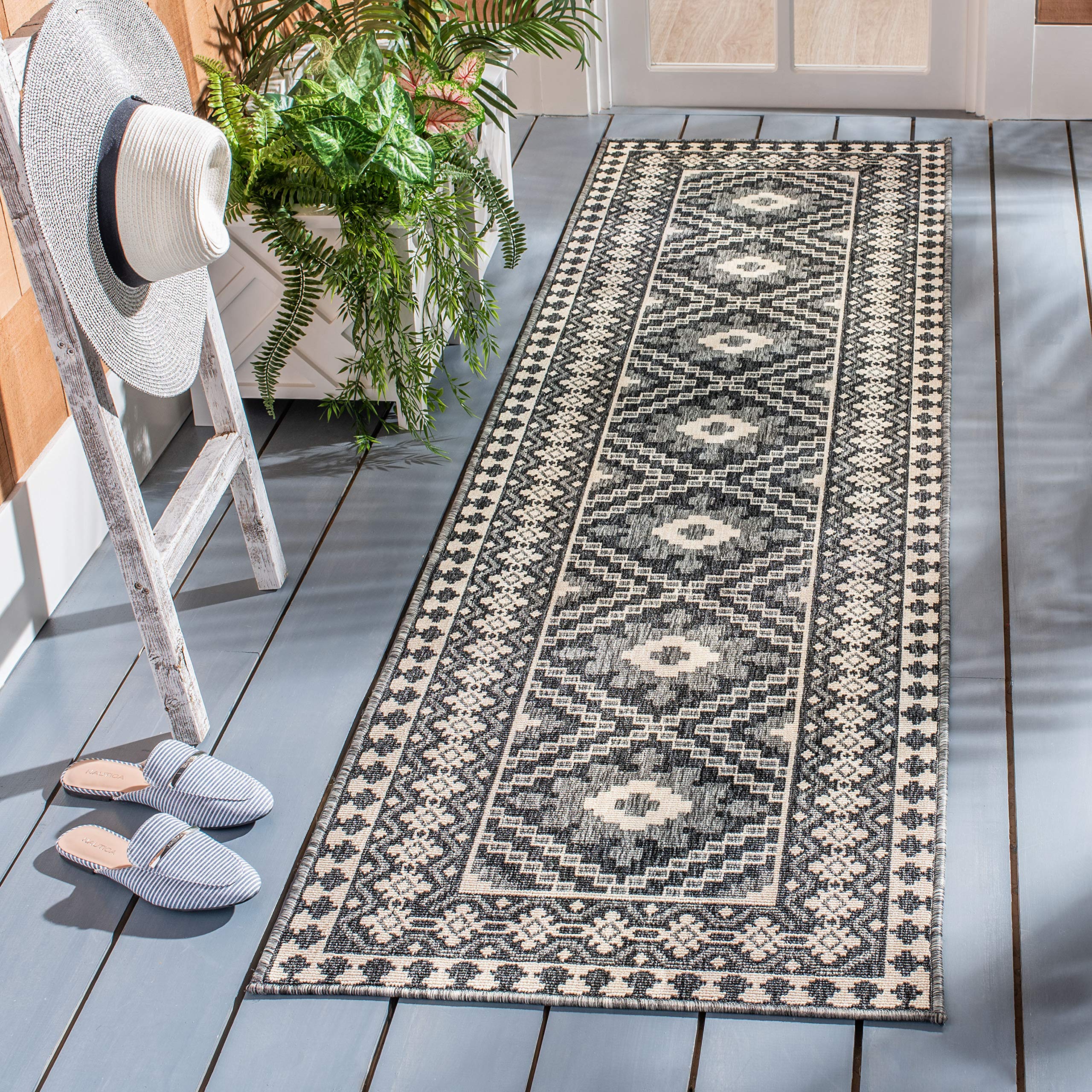 Safavieh Veranda Collection 2'3' X 16' Ivory/Grey Ver099 Boho Indoor/ Outdoor Non-Shedding Easy Patio Backyard Porch Deck Mudro