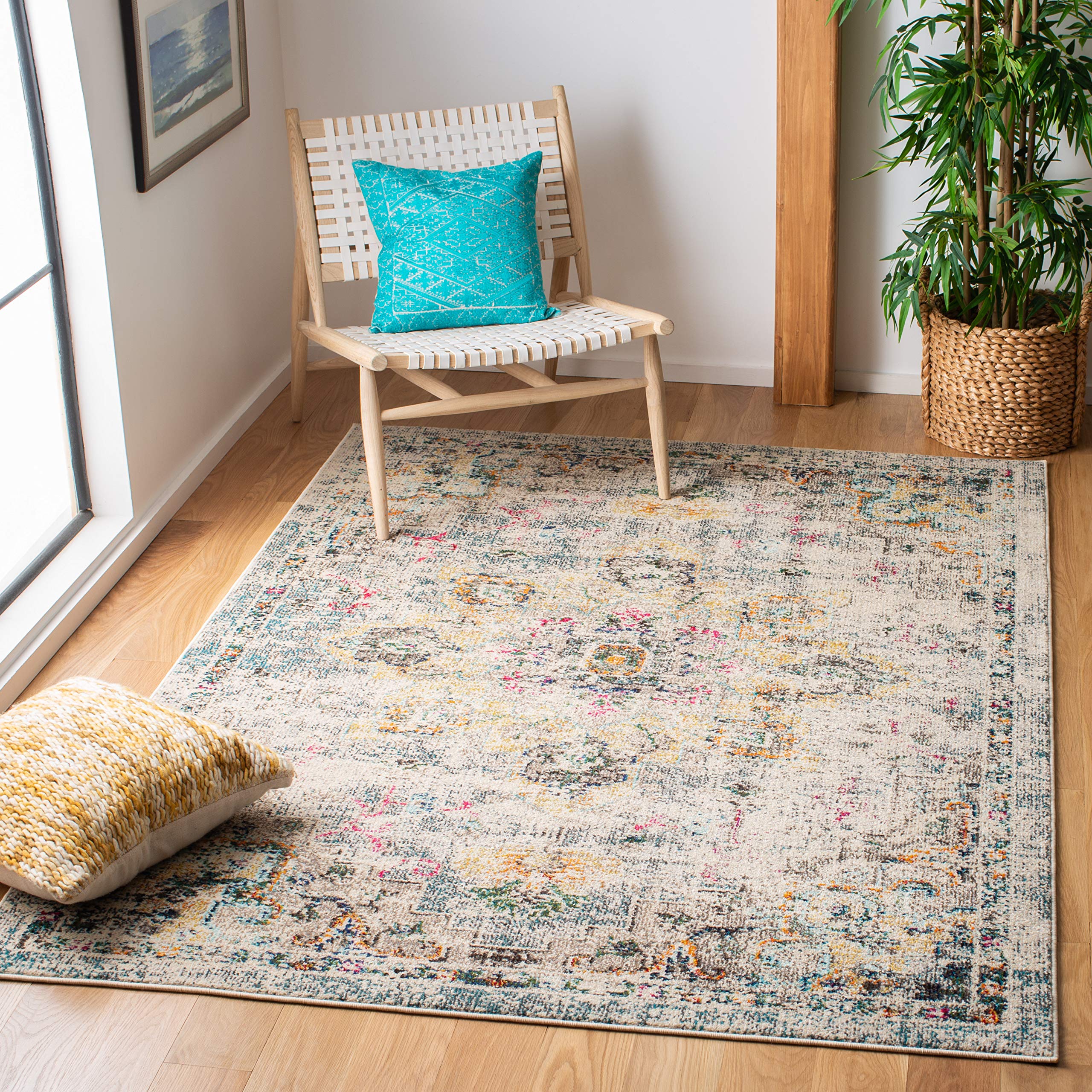 SAFAVIEH Madison Collection Area Rug - 6 x 9, Grey & Gold, Boho Chic Medallion Distressed Design, Non-Shedding & Easy Care, Id
